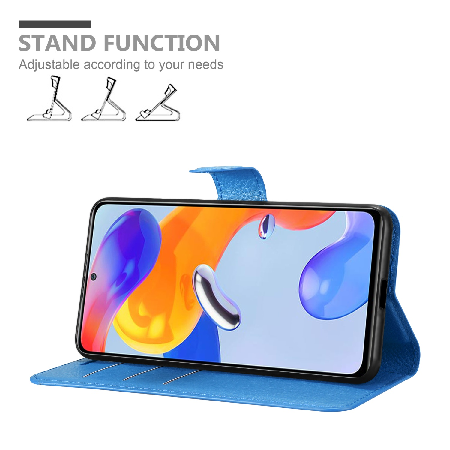 Custodia blu con telefono dentro, aperta, telefono visibile. La custodia ha una funzione stand.