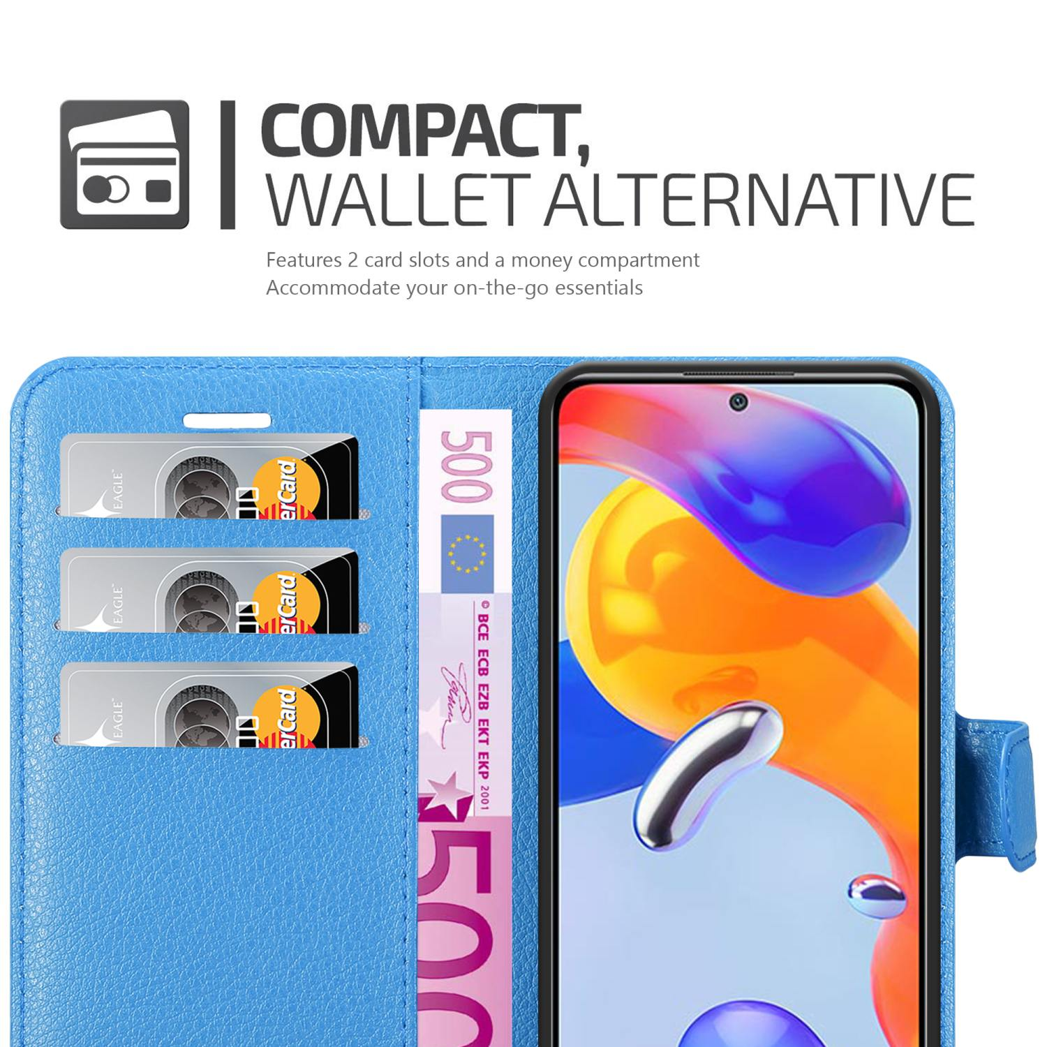 Custodia per telefono blu con tre slot per carte e uno scomparto per banconote. Il telefono mostra un'immagine colorata.