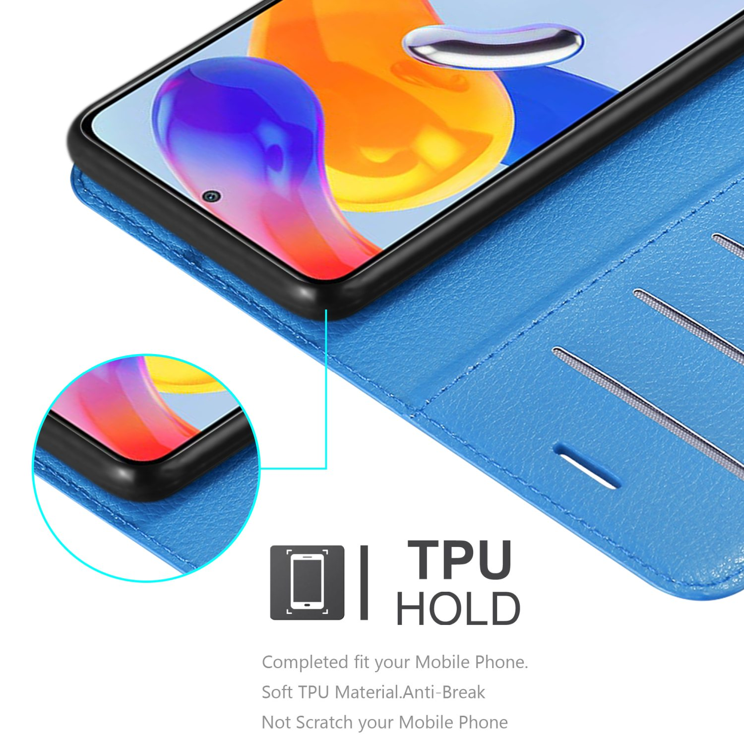 Custodia blu per telefono aperta, con un telefono all'interno. Testo: TPU HOLD.