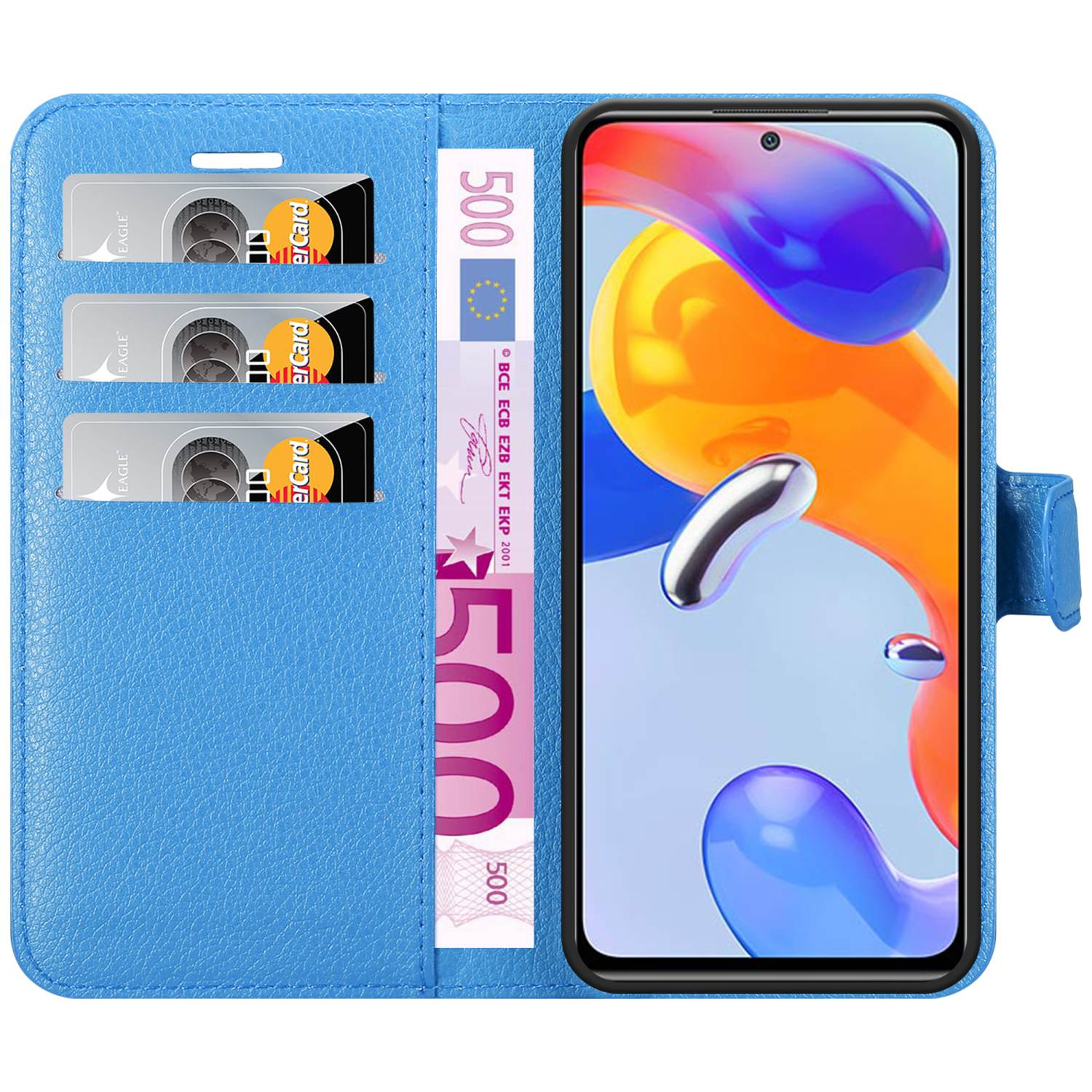 Custodia blu aperta, telefono dentro, con carte e denaro. Testo: 500 Euro.