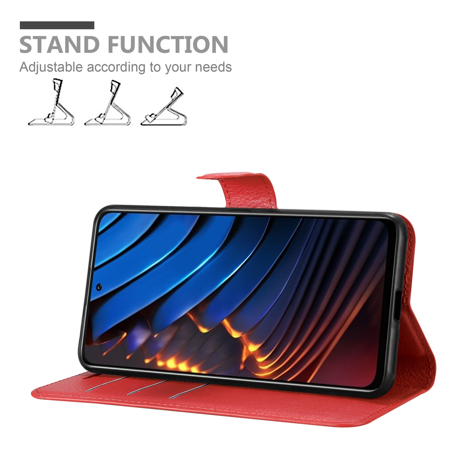 Rote Handyhülle, die ein Telefon mit blauem und orangem Design zeigt. Die Hülle hat eine Standfunktion.