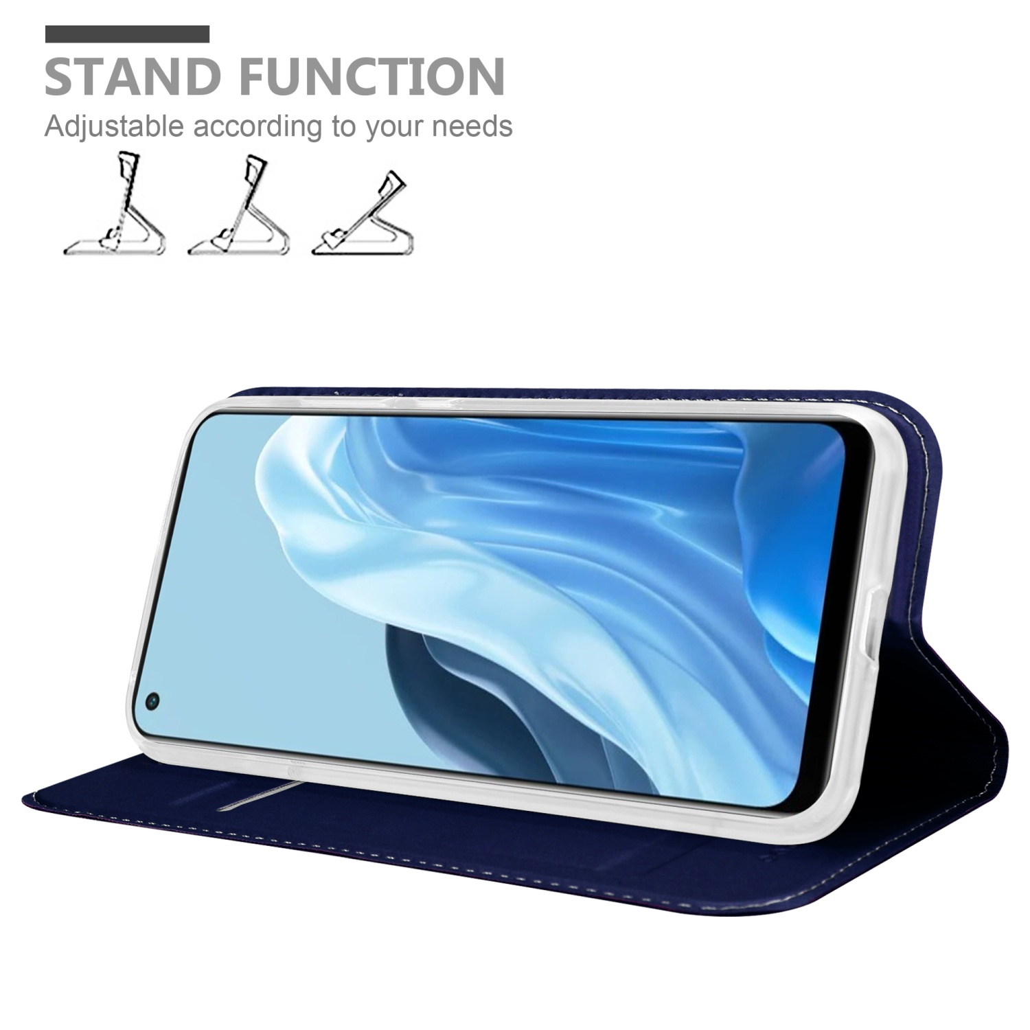 Custodia blu navy con telefono, mostra la funzione supporto. Testo: Regolabile in base alle tue esigenze.