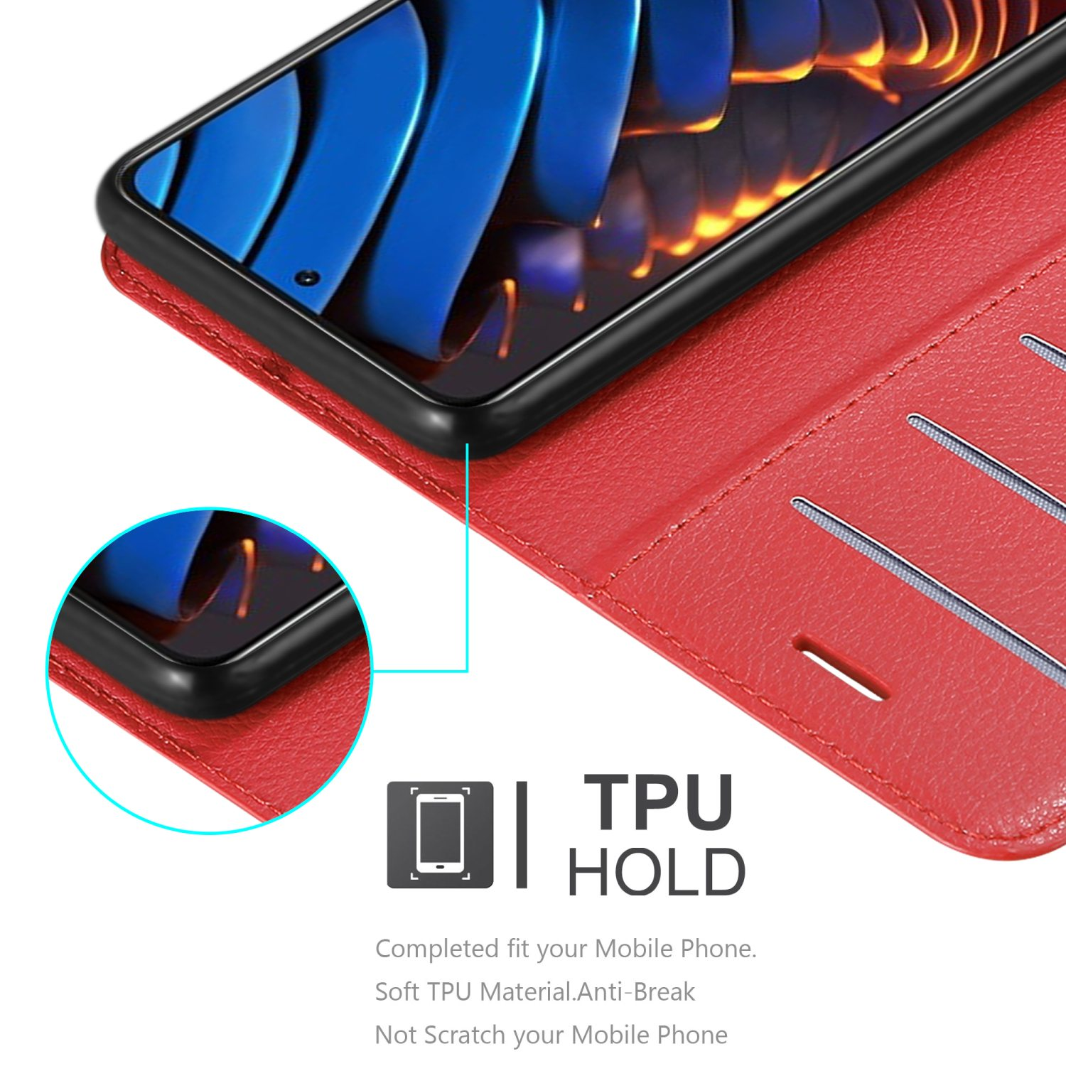Rote Handyhülle, mit dem Telefon darin. Nahaufnahme des TPU-Materials und Text über den TPU-Halt.
