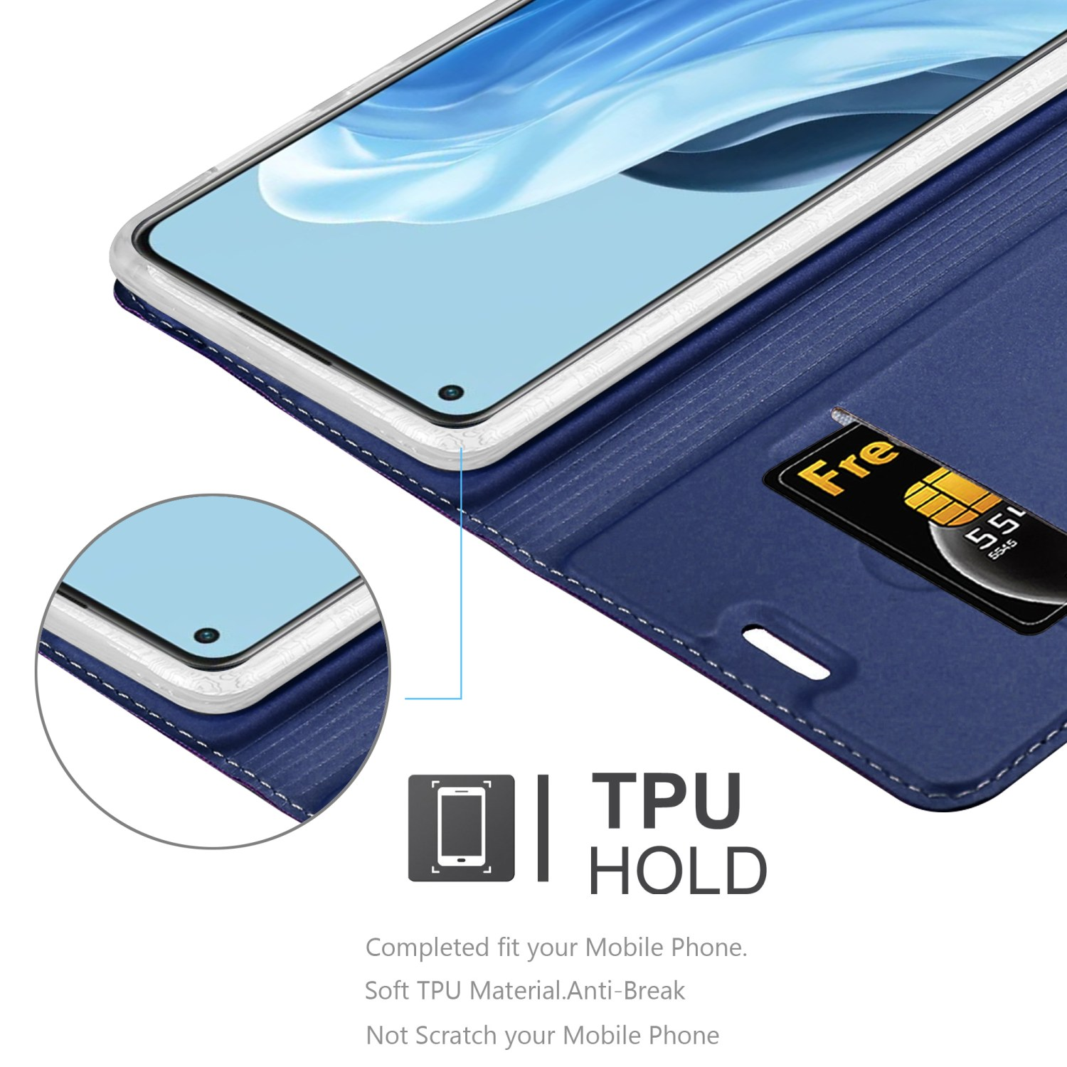 Custodia per telefono con slot per schede, che mostra una scheda e un telefono con sfondo blu e viola.