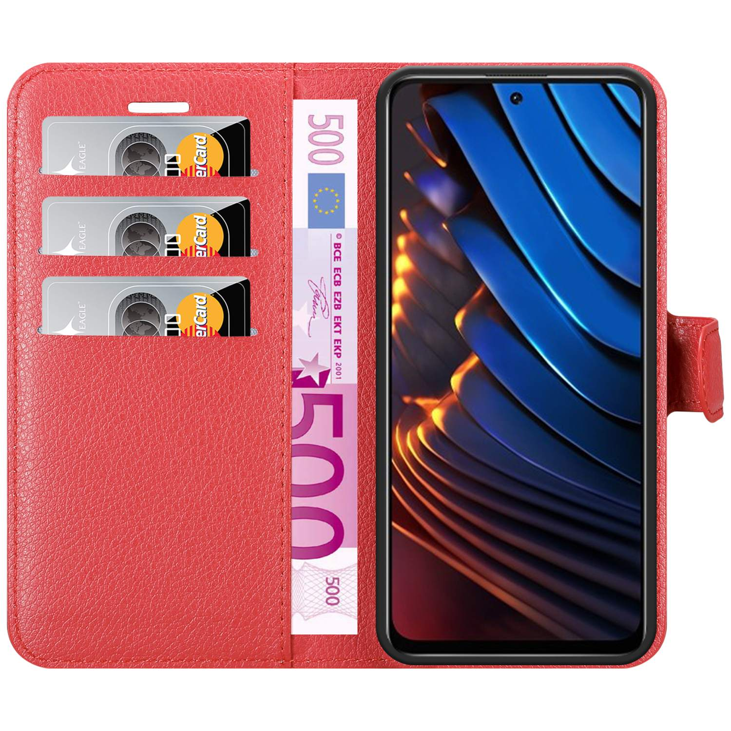 Rote Handyhülle mit Kreditkartenfächern, Euro-Schein und einem Telefon mit blau gemustertem Bildschirm.