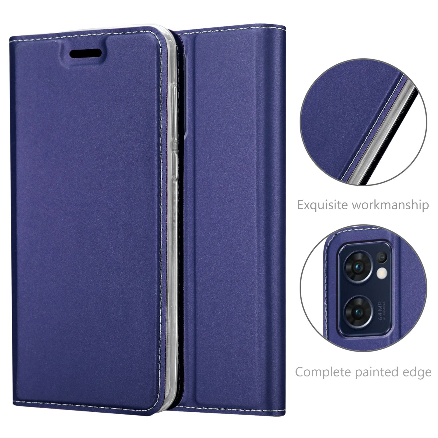 Custodia per telefono blu con un telefono all'interno. Il telefono ha doppie fotocamere e bordo verniciato completo.