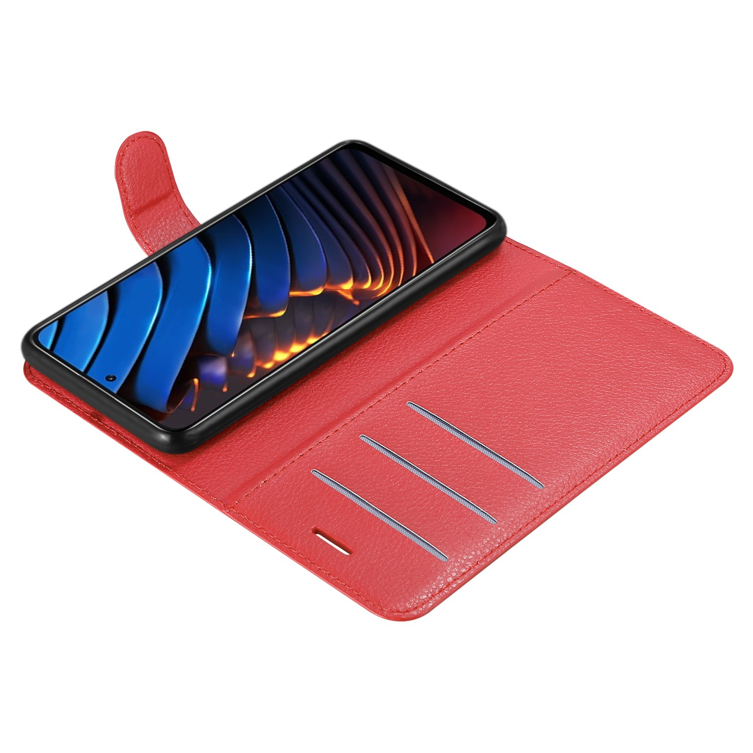 Rote Handyhülle, geöffnet, mit dem Telefon darin. Es hat drei Kartenfächer und einen Magnetverschluss.