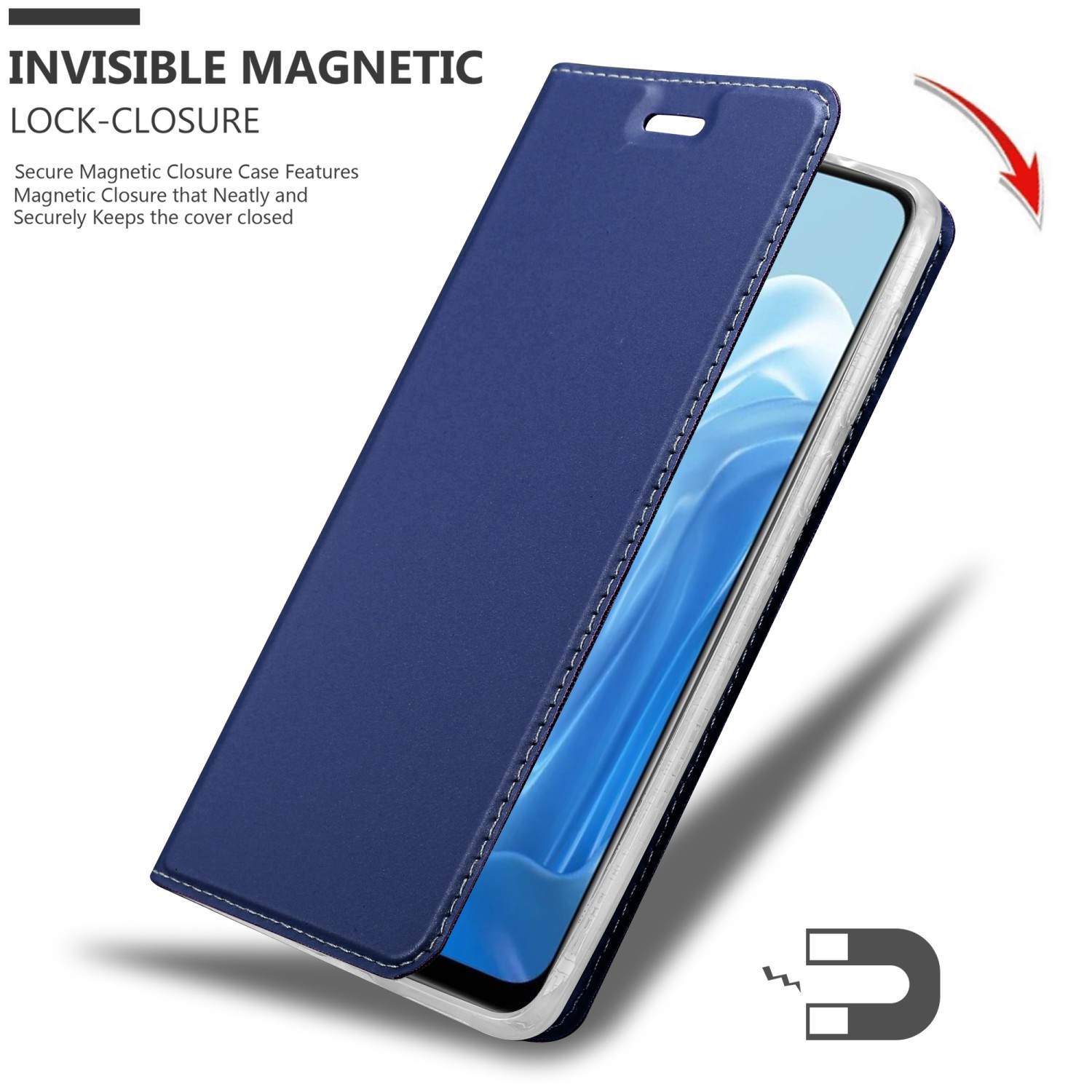 Custodia blu, aperta, con smartphone all'interno. Testo: CHIUSURA MAGNETICA INVISIBILE.