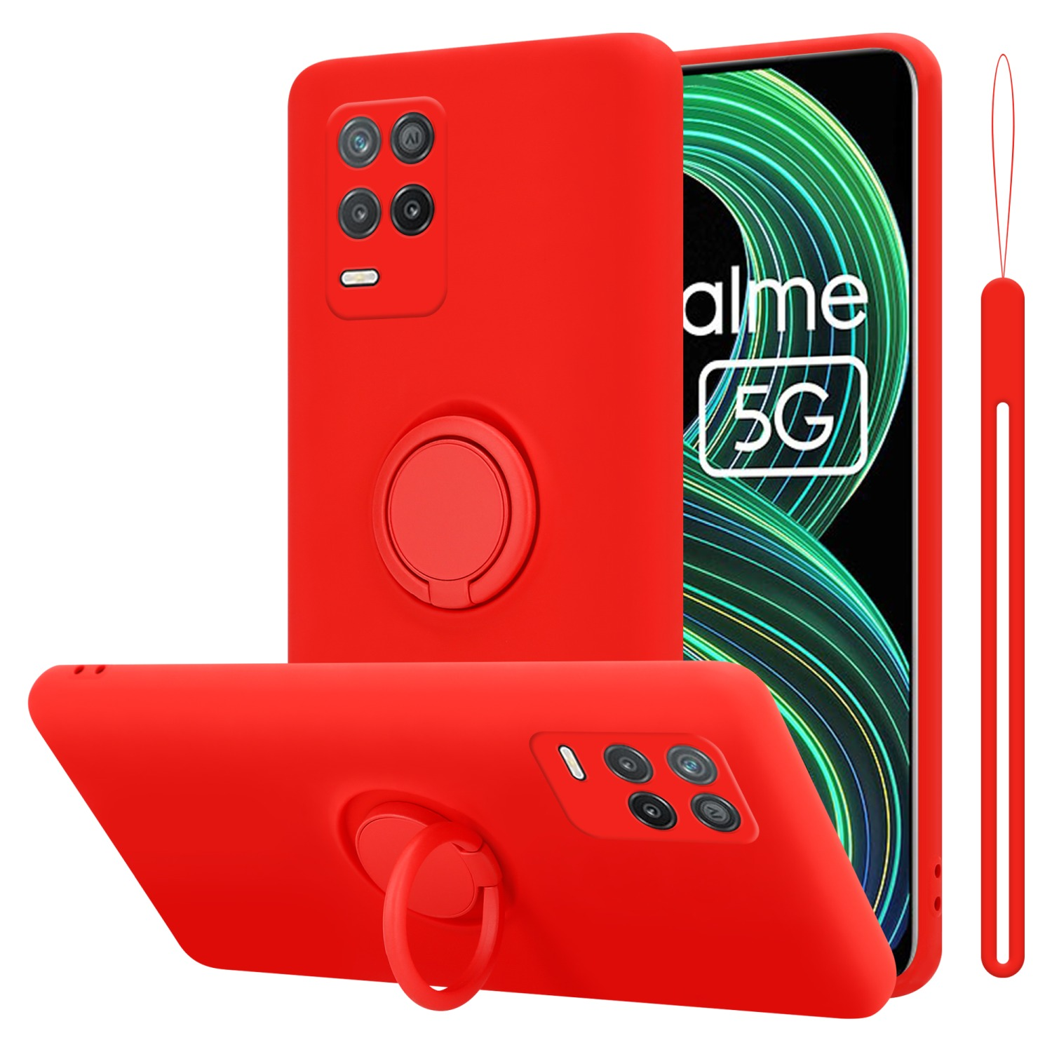Custodia rossa per telefono con fotocamera e anello per dito, con cinturino rosso. Telefono a destra.