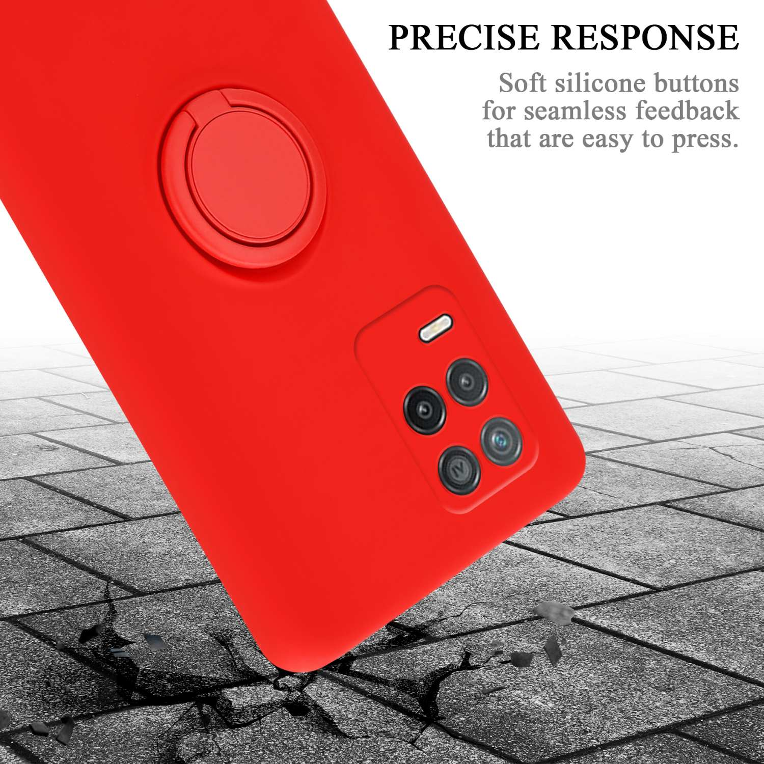Custodia rossa. Primo piano del retro di una custodia rossa con fotocamera e impugnatura.