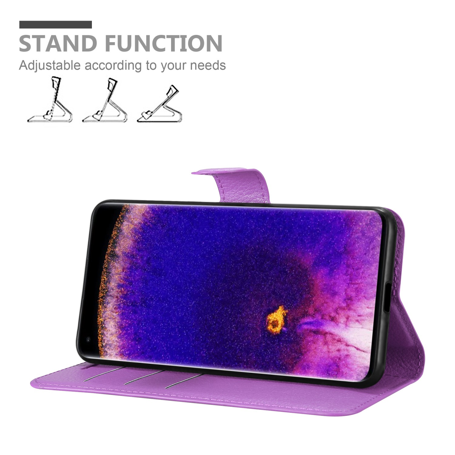 Lila Handyhülle mit Ständerfunktion. Das Telefon befindet sich in Ständerposition und zeigt ein farbenfrohes Display.