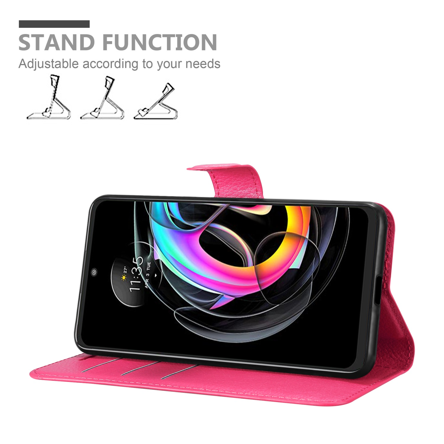 Custodia per telefono rosa aperta, telefono dentro, impostato per supporto. Testo 'STAND FUNCTION'.