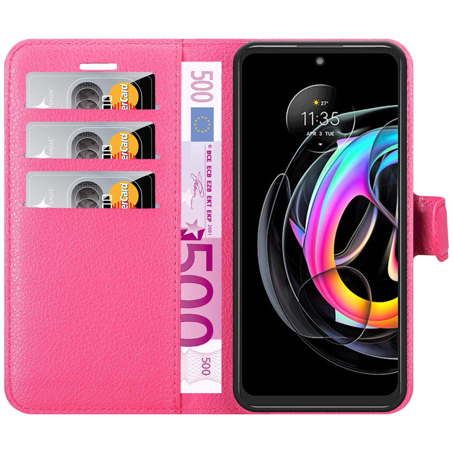 Custodia a portafoglio rosa con telefono, tre slot per carte e banconota euro.