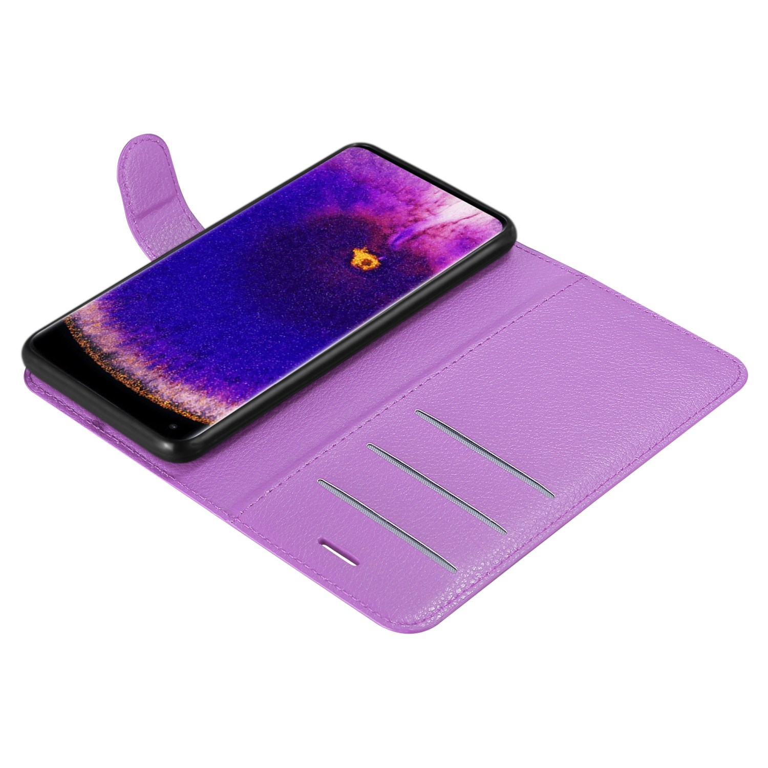 Lila Handyhülle mit einem Telefon darin, das Telefon hat einen lila und goldenen Bildschirm.