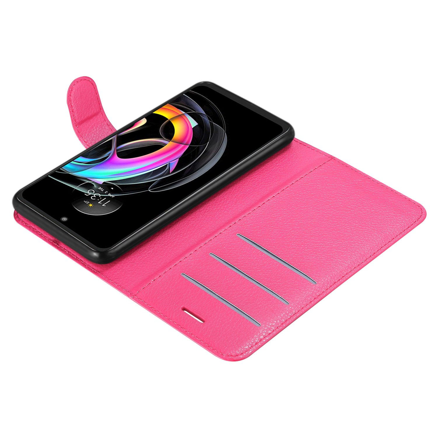 Custodia per telefono rosa aperta. Schermo del telefono che mostra un display colorato. Tre slot per schede sono visibili.