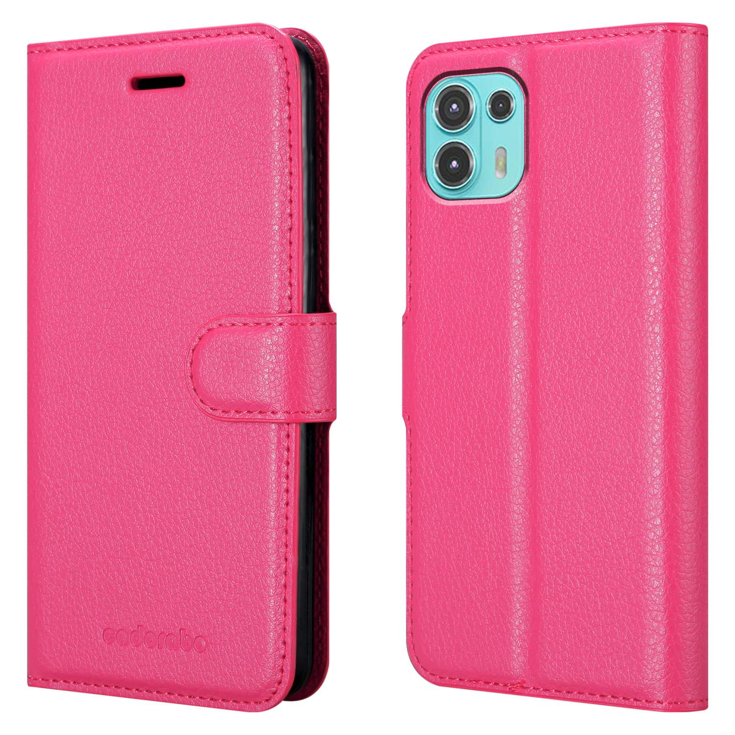 Custodia rosa per telefono, chiusa e aperta, telefono a destra.