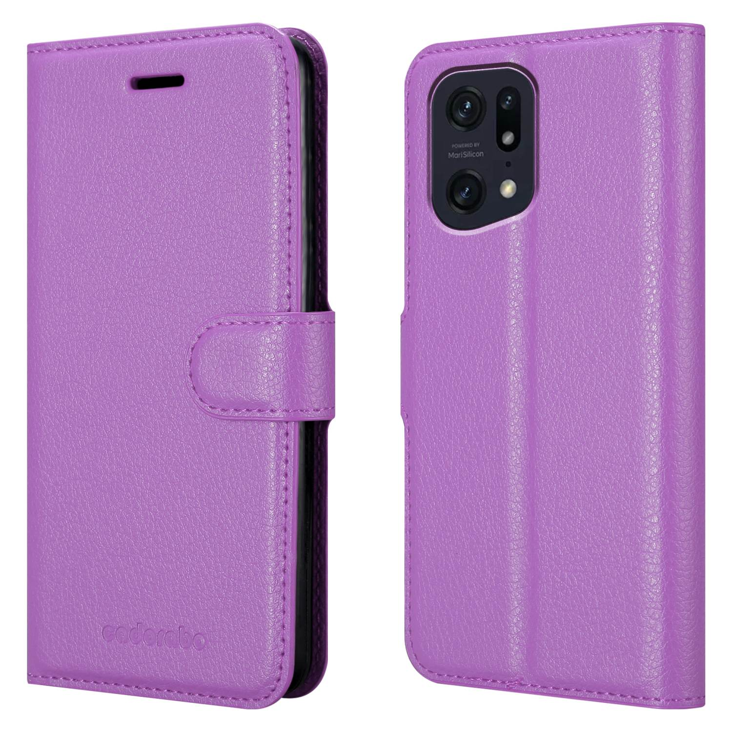 Lila Geldbörsenhülle mit Telefon. Die Hülle ist geschlossen. Das Telefon befindet sich rechts.