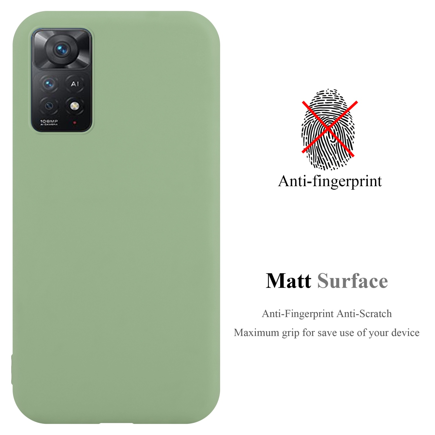 Grüne Handyhülle mit Telefon. Anti-Fingerabdruck, Matt-Oberfläche Text. Anti-Fingerabdruck, kratzfest, Grip-Text.
