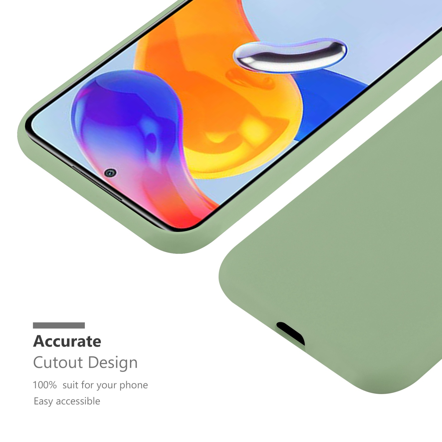 Grüne Handyhülle mit Telefon, zeigt das Ausschnittdesign.