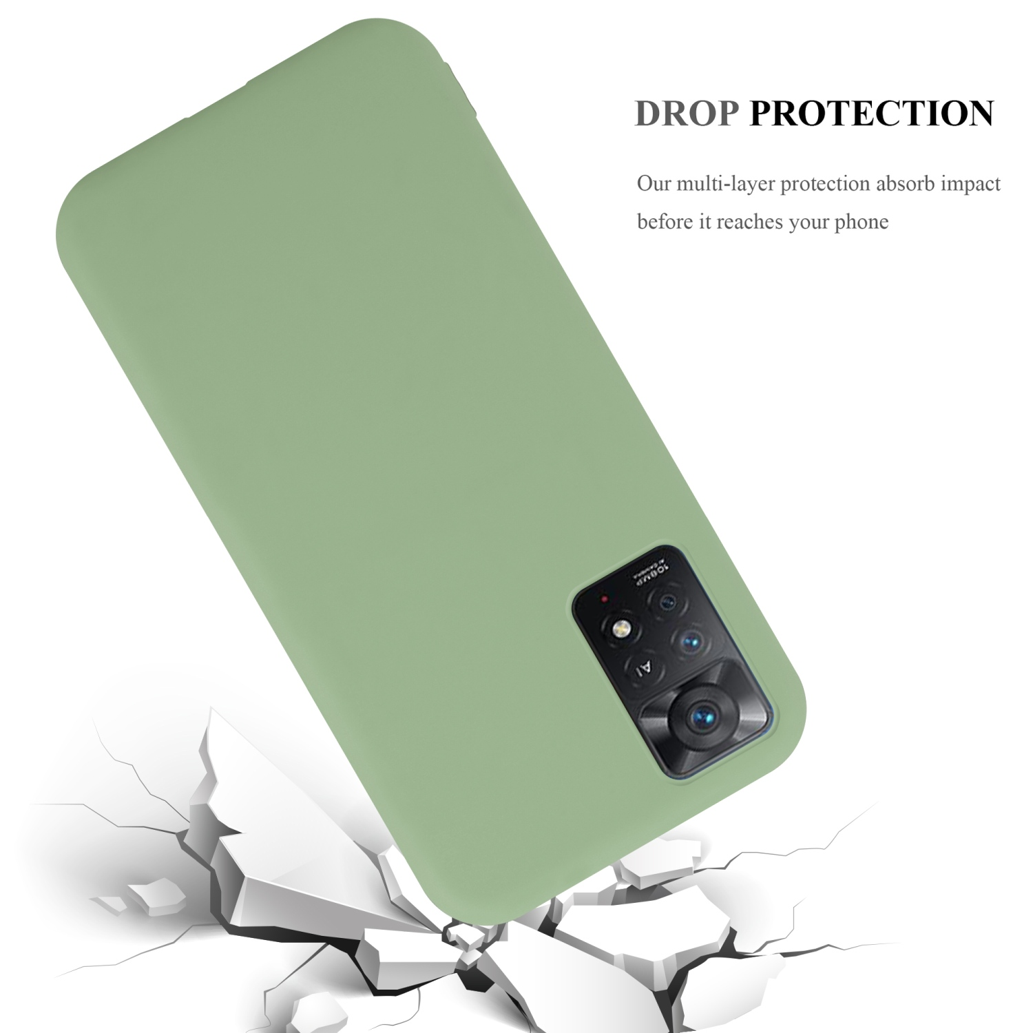 Grüne Handyhülle, geneigt, mit Text 'DROP PROTECTION'. Weißer, zerbrochener Felsen Hintergrund.