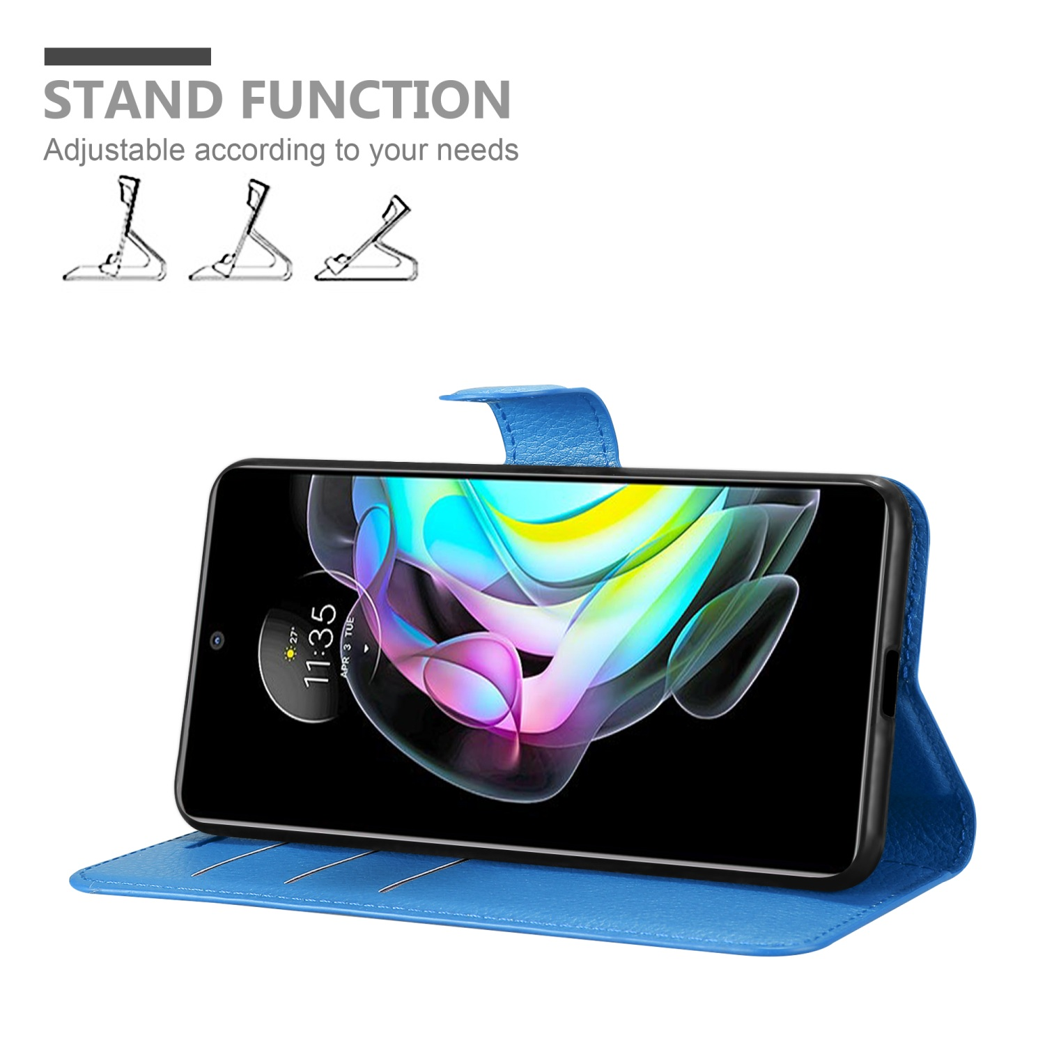 Custodia blu con telefono, angolata per mostrare lo schermo. Funzione stand mostrata.