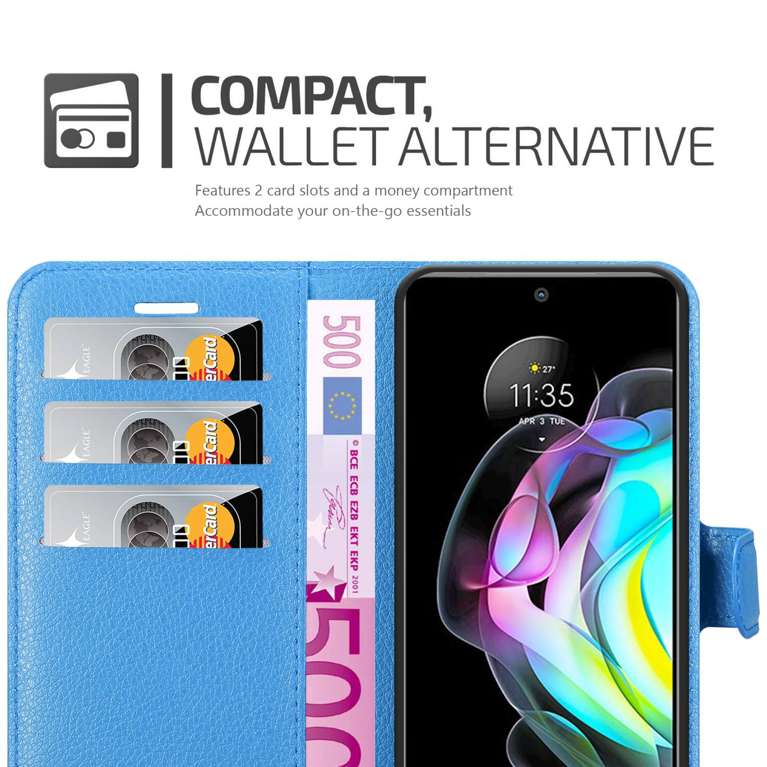Custodia a portafoglio blu con carte e telefono. Testo: Compatto, alternativa al portafoglio.