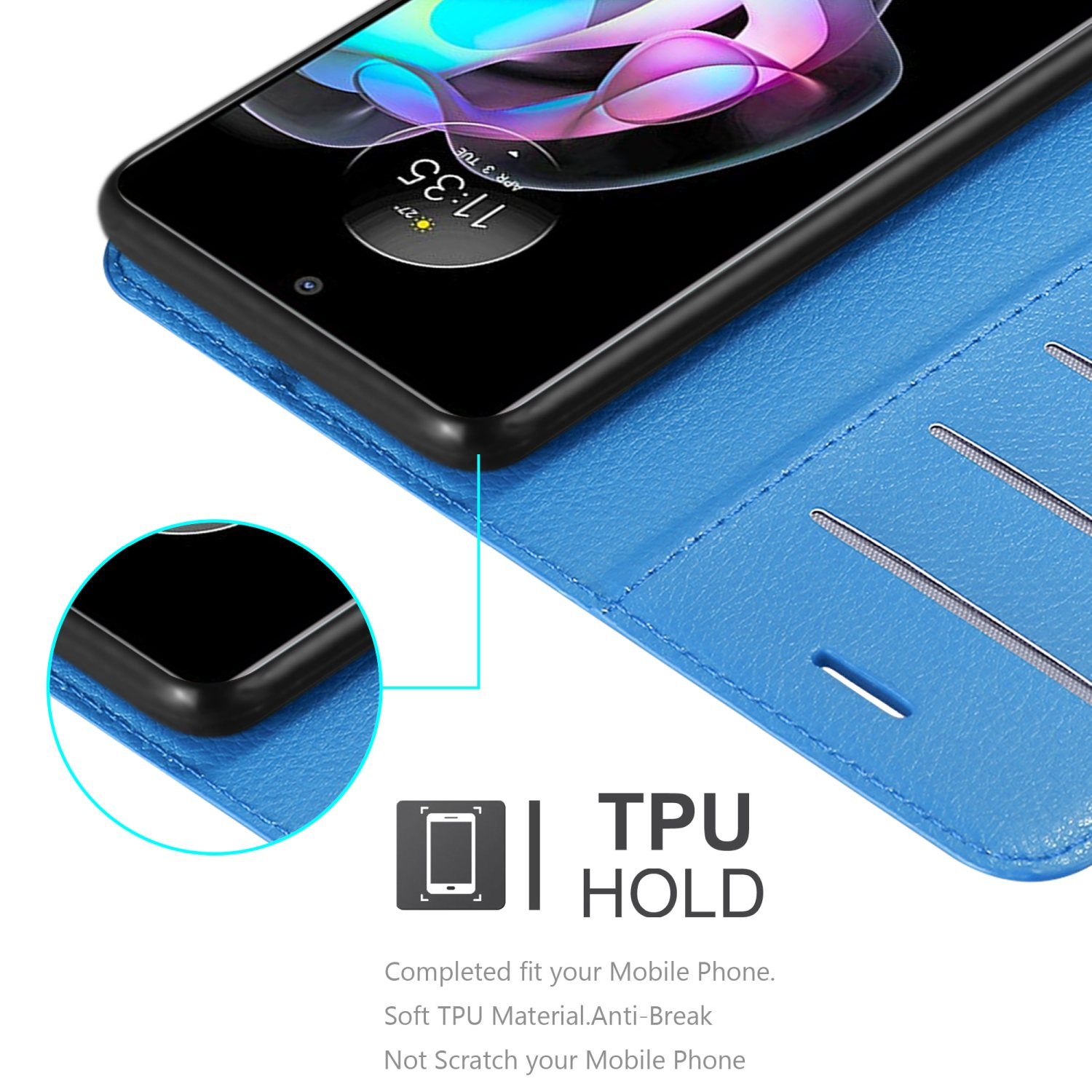 Custodia per telefono blu con telefono all'interno. Il testo recita: Supporto TPU, vestibilità completa, materiale morbido, anti-rottura, non graffia.