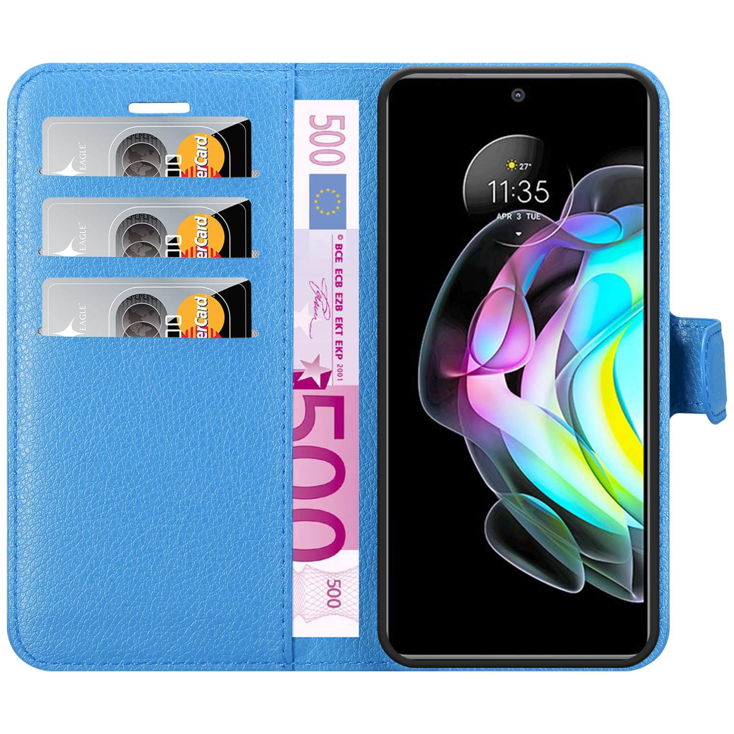 Telefono cellulare all'interno di una custodia a portafoglio blu. Carte e denaro visibili.