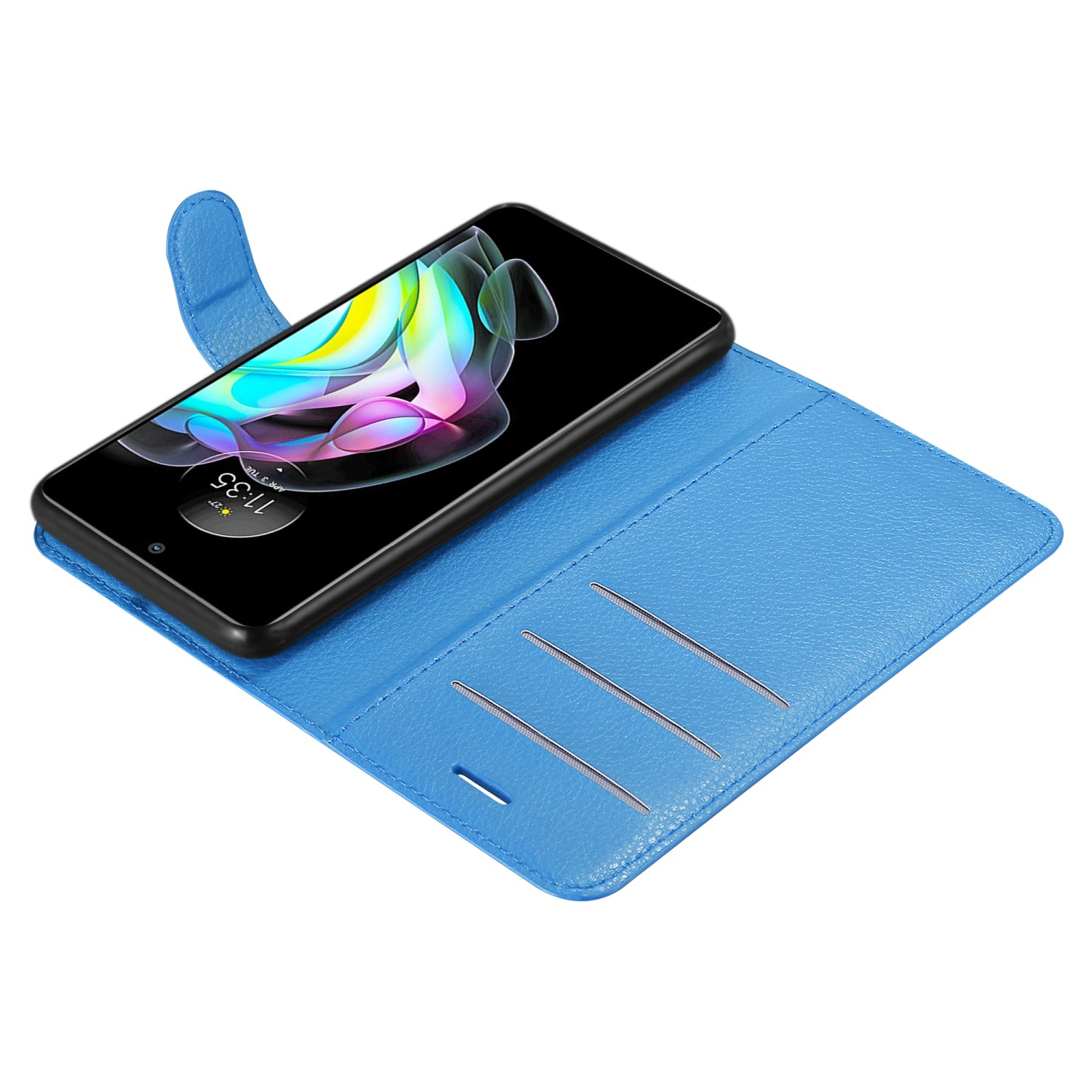 Custodia blu per telefono aperta, che tiene un telefono. Mostra un telefono angolato. La custodia ha fessure per carte.