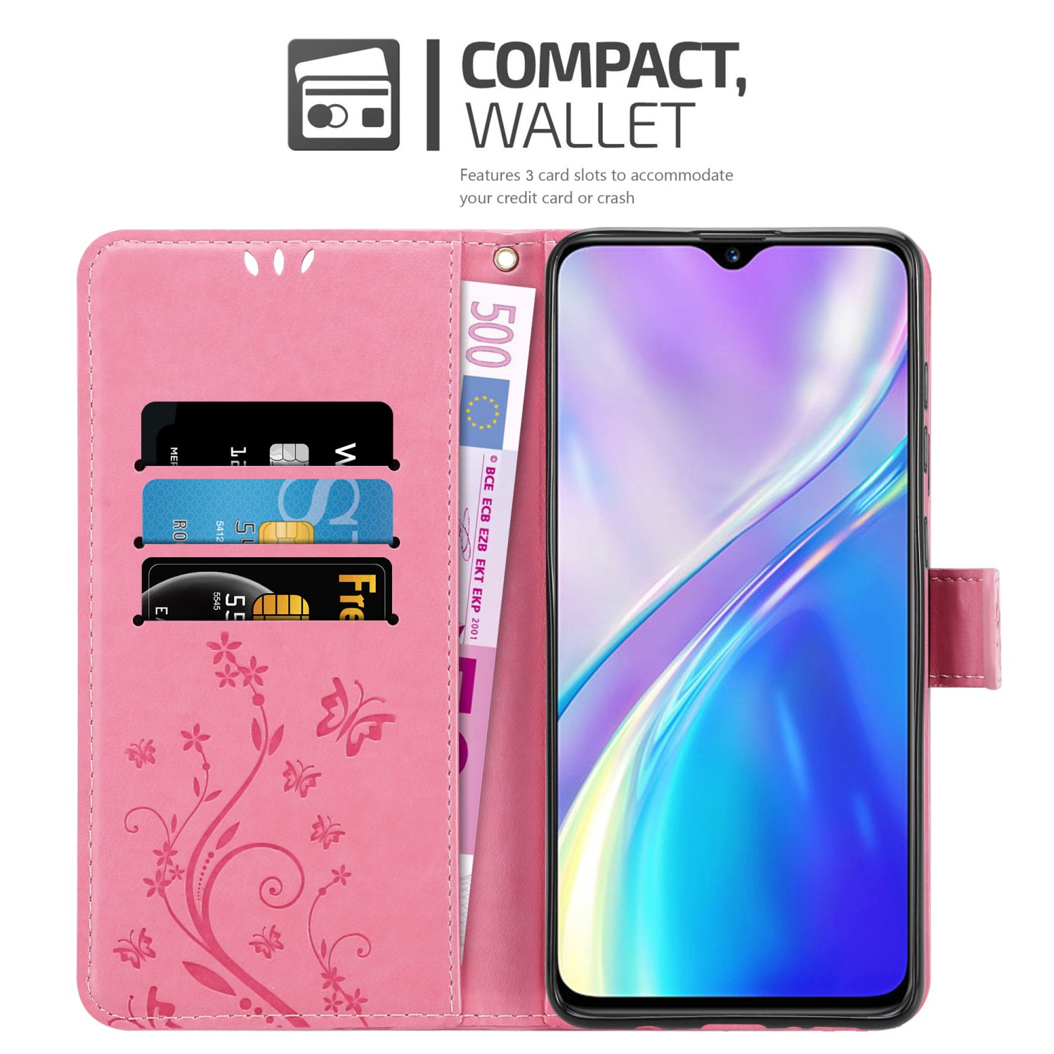 Custodia a portafoglio rosa con carte, banconota da 500 euro e telefono. Design floreale.