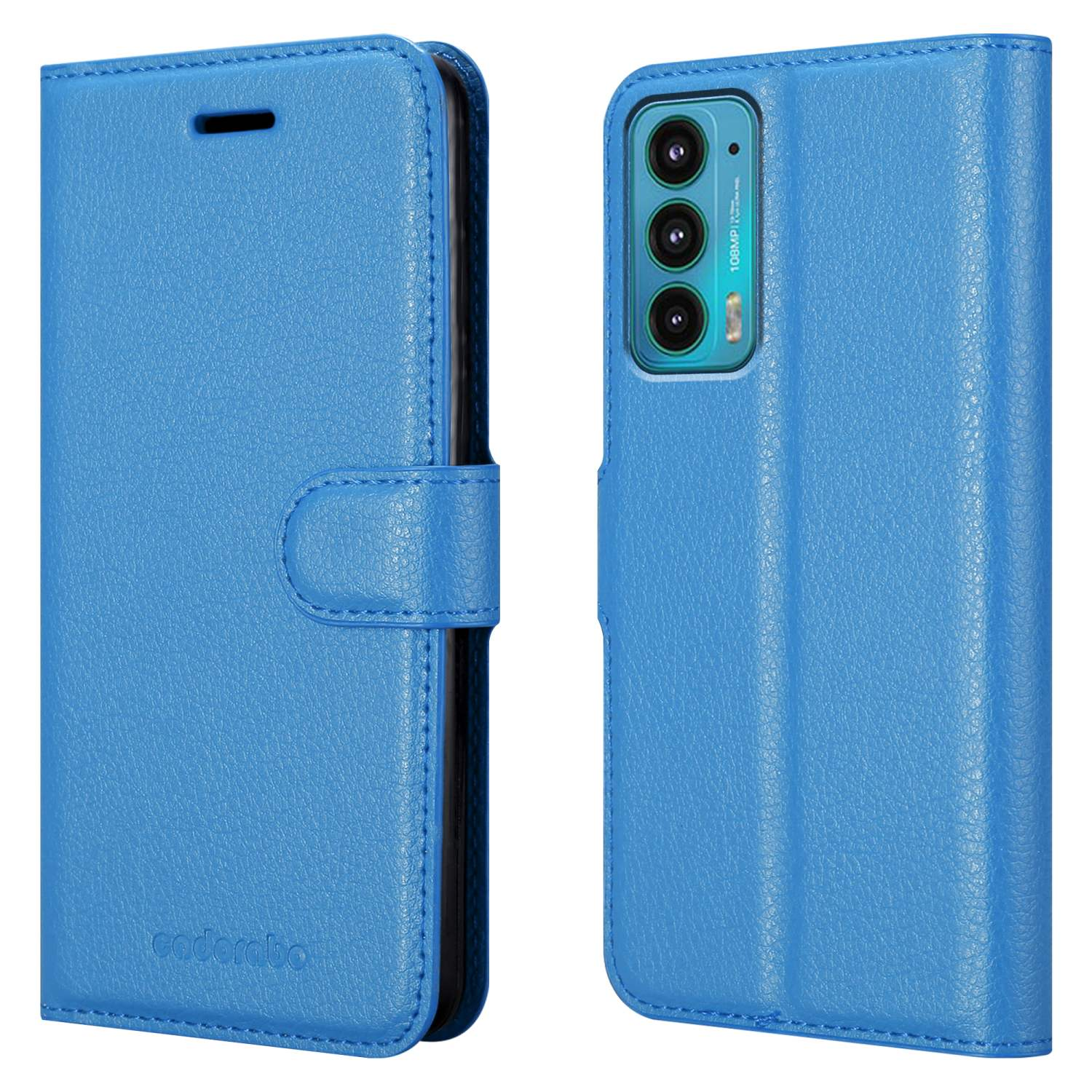 Custodia per telefono blu, chiusa e aperta. La custodia aperta mostra il retro del telefono con la fotocamera. Sfondo bianco.