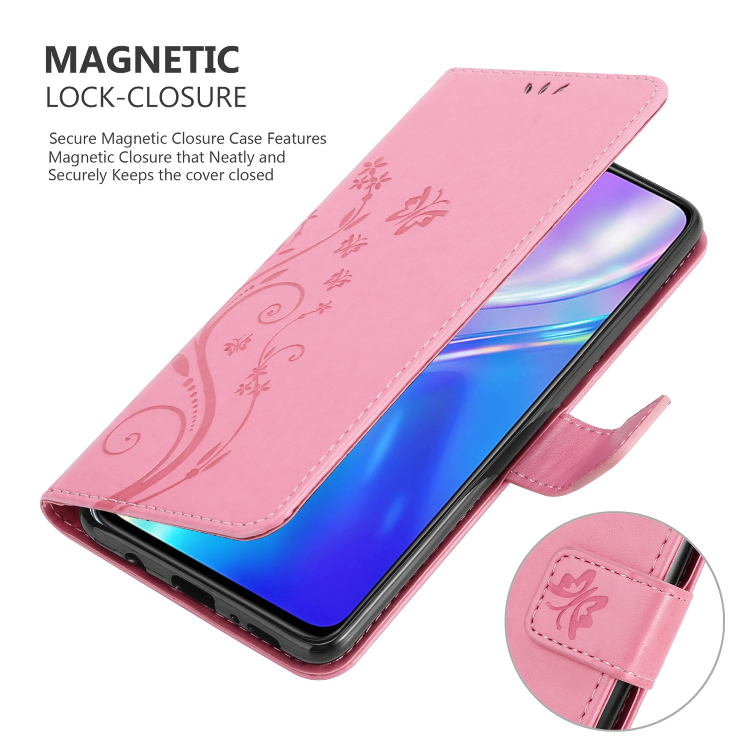 Custodia rosa aperta, che mostra il telefono. Custodia con motivo floreale e chiusura magnetica. Dettaglio della chiusura.