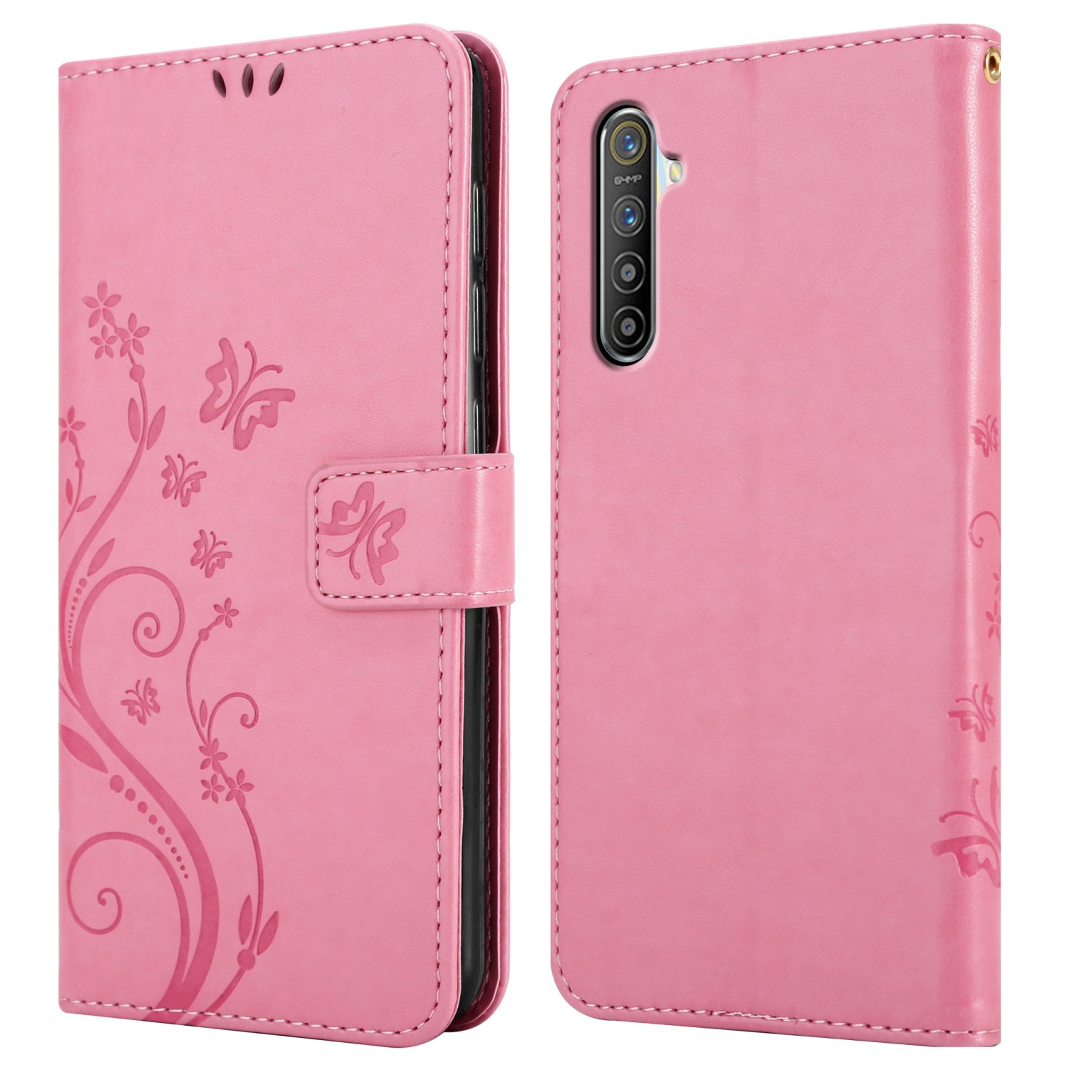 Custodia rosa con design a farfalla, chiusa. Mostra fronte e retro.