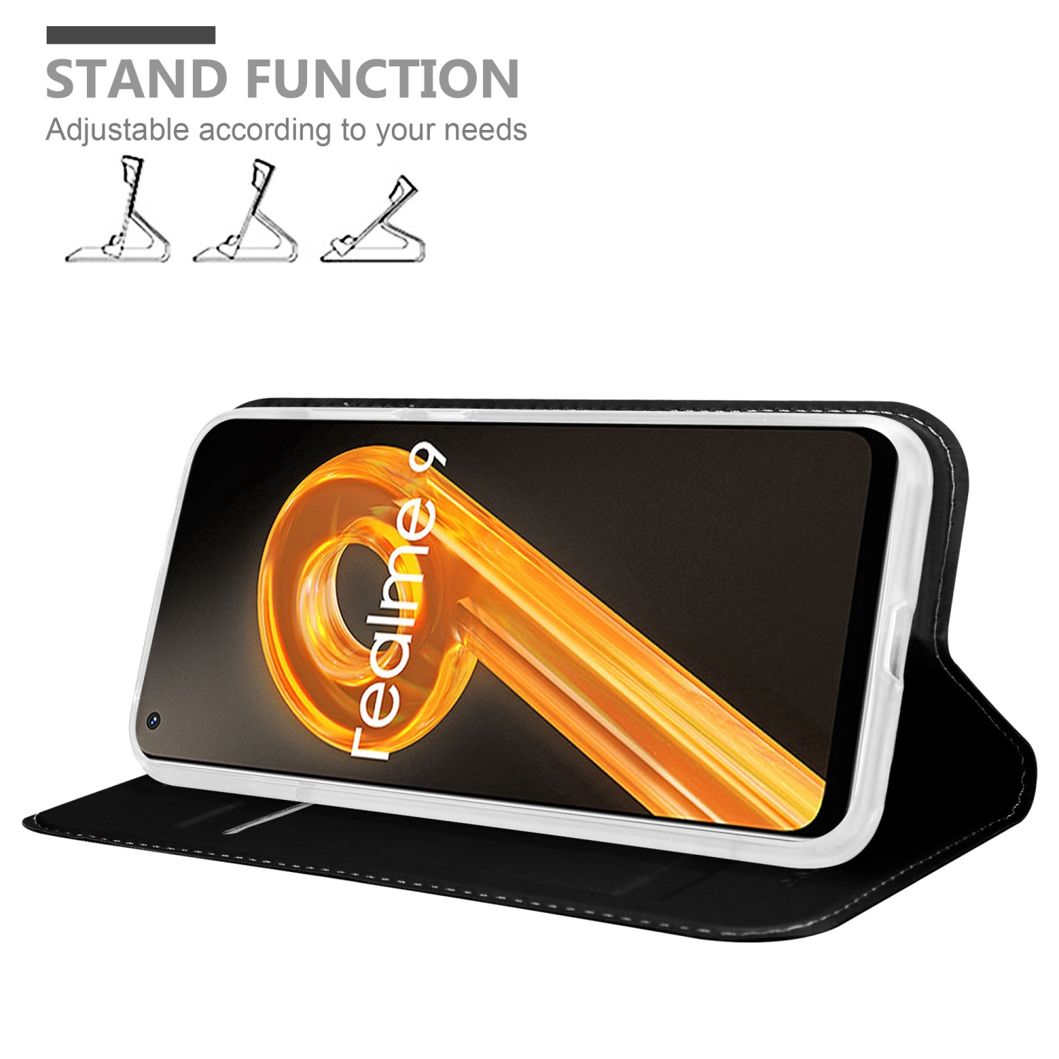 Schwarze Handyhülle mit einem Telefon, das ein gelbes Logo anzeigt. Das Telefon ist offen.