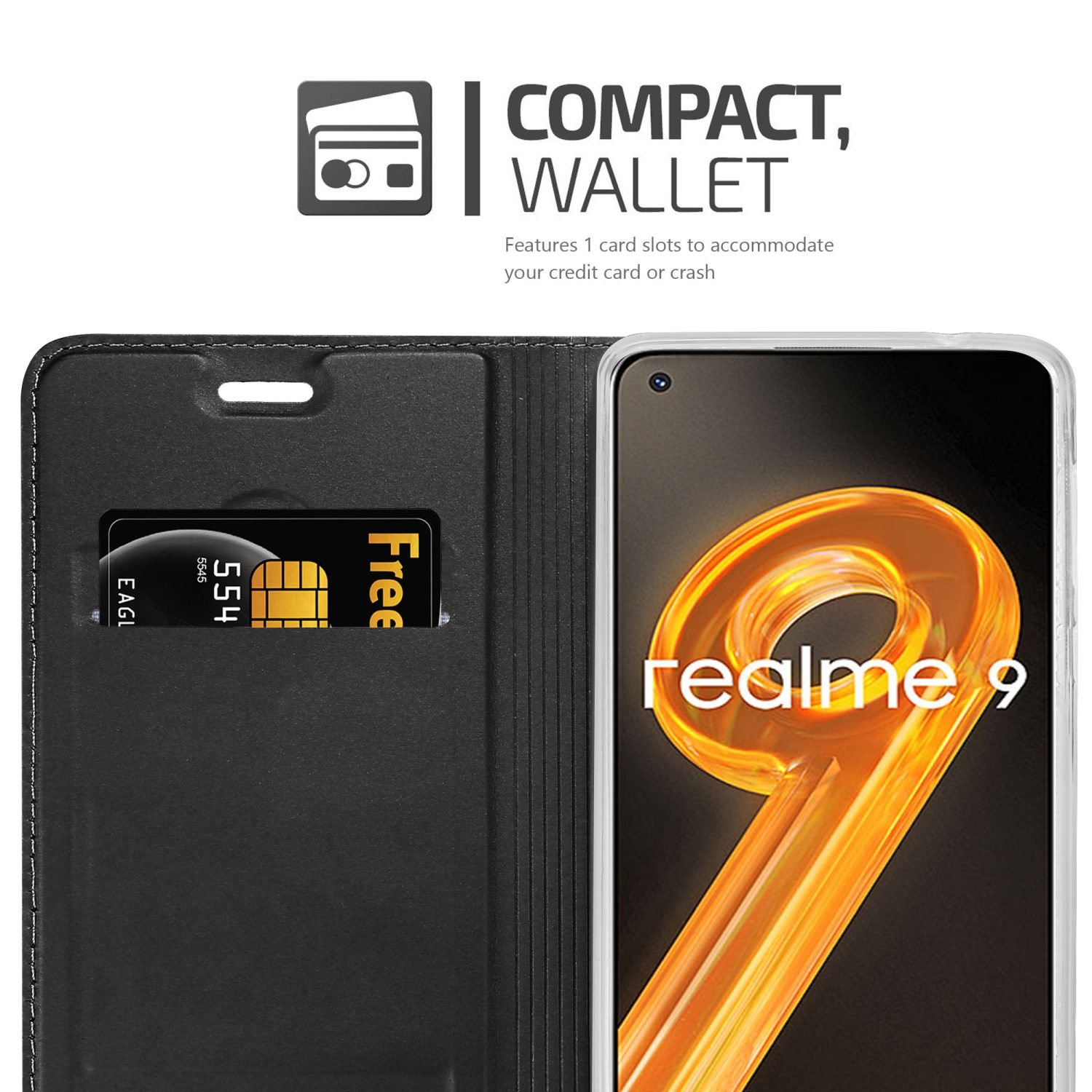 Schwarze Handyhülle mit Handy und Kreditkarte. Text sagt 'COMPACT, WALLET'.