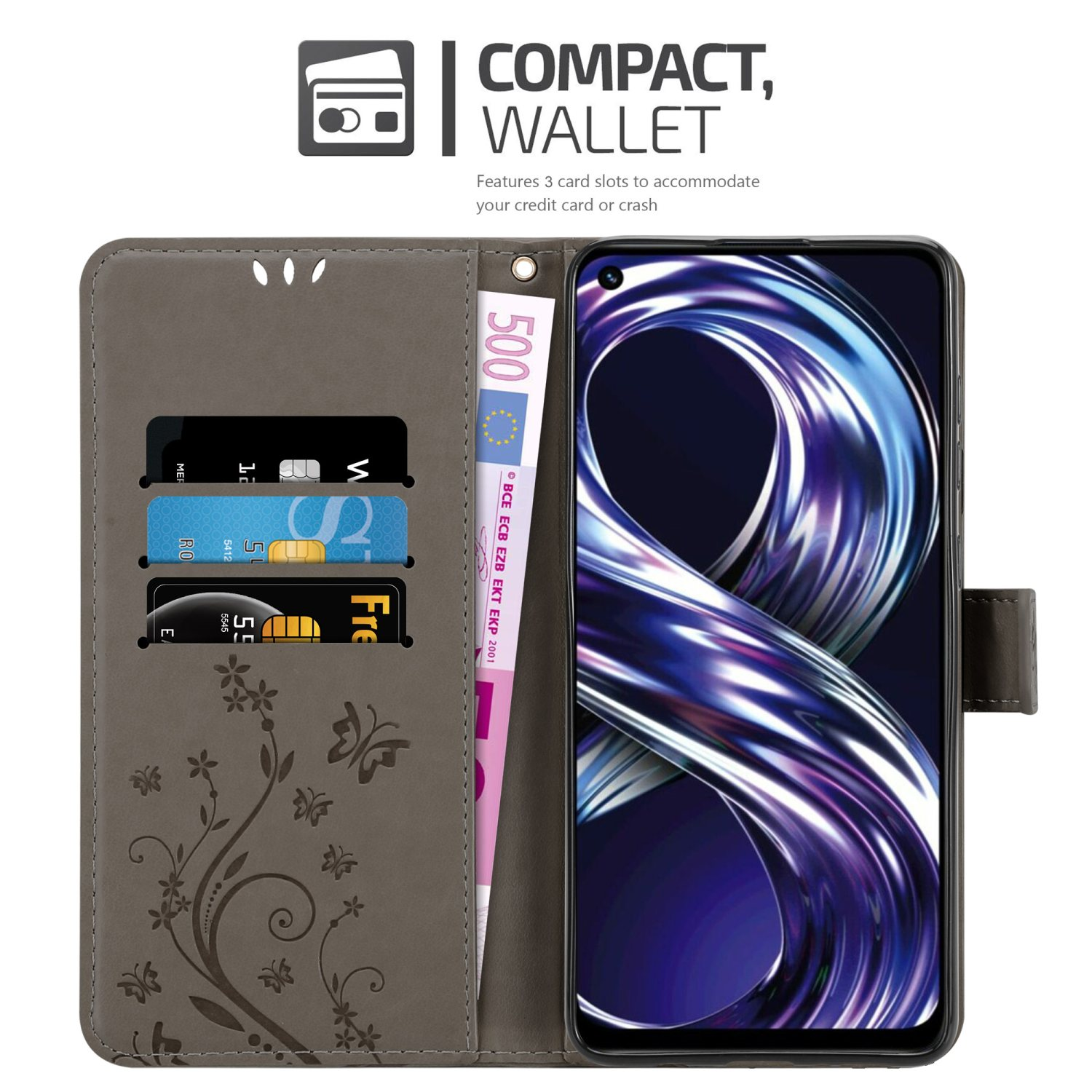 Custodia grigia per telefono con design floreale, 3 slot per carte e una banconota da 500 euro. Il telefono visualizza un'immagine a spirale.