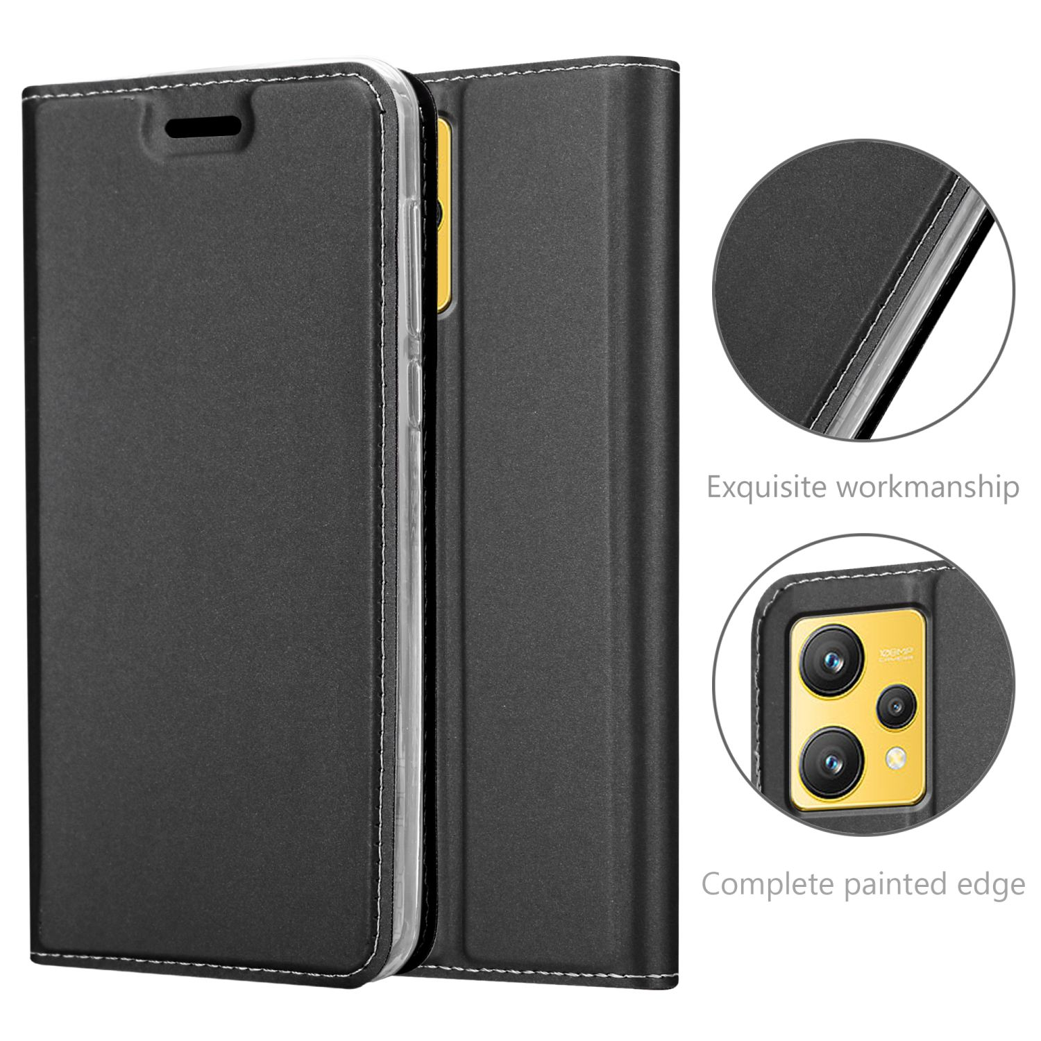 Eine schwarze Handyhülle ist geöffnet, mit einem Telefon darin. Nahaufnahmen zeigen exquisite Verarbeitung und Kante.