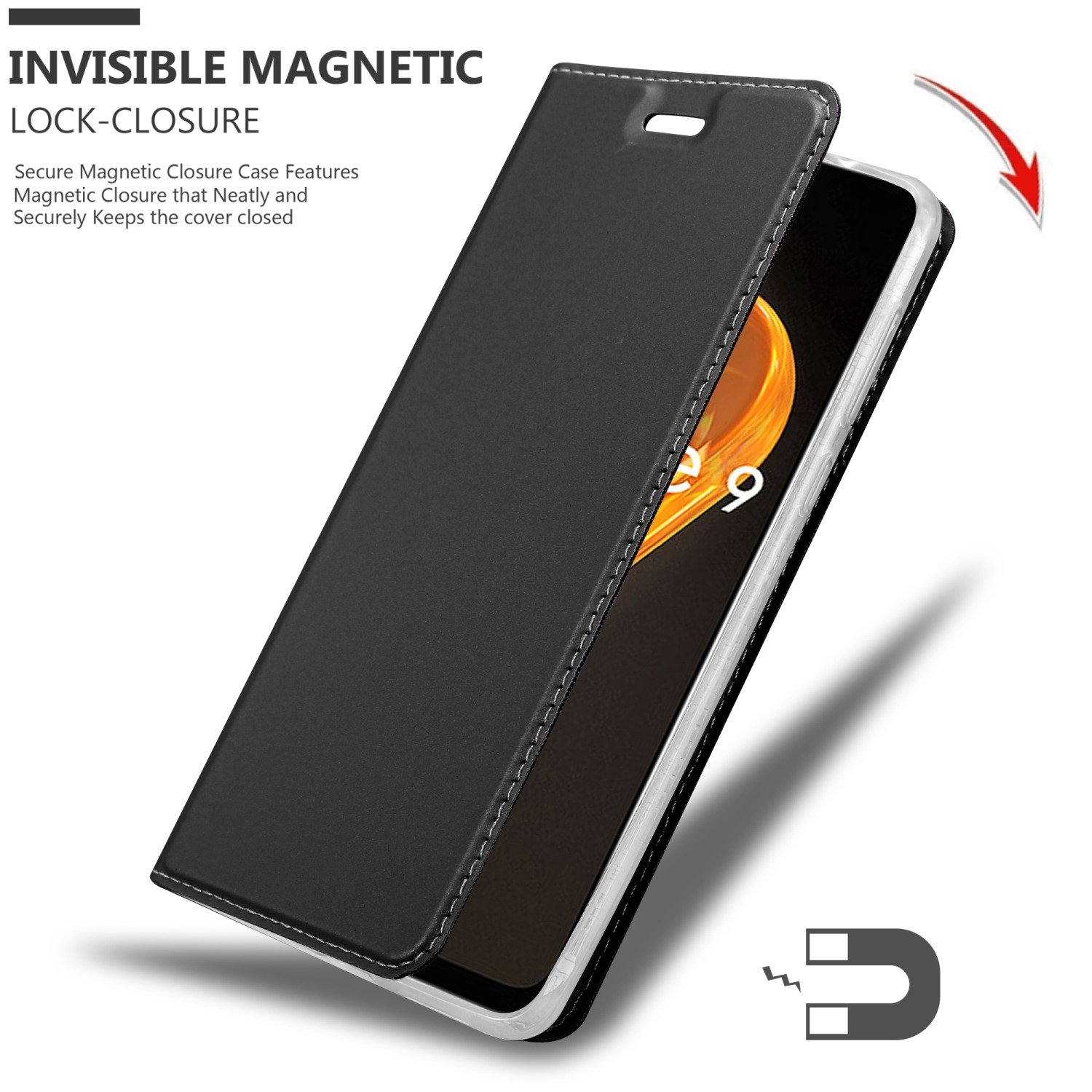 Schwarze Handyhülle offen, mit Telefon. Text: UNSICHTBARER MAGNETVERSCHLUSS, Pfeil zeigt.