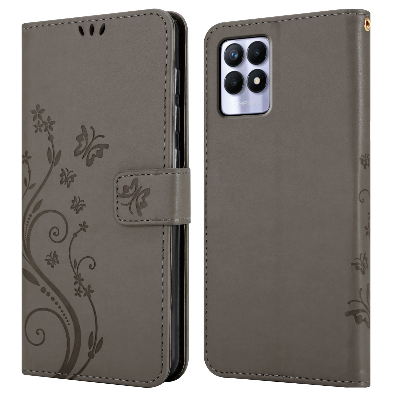 Custodia grigia con telefono. Design floreale e dettagli farfalle, vista aperta.
