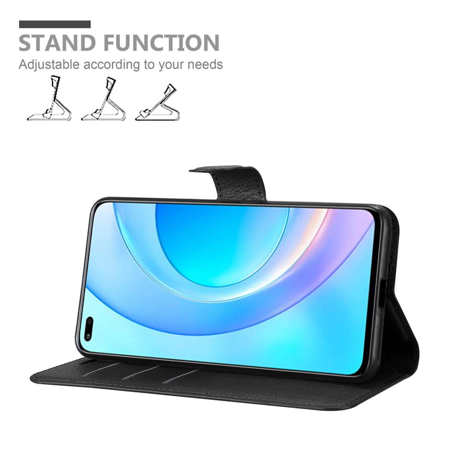 Schwarze Handyhülle mit Handy, das aufgestellt werden kann und einen blau-weißen Bildschirm zeigt.