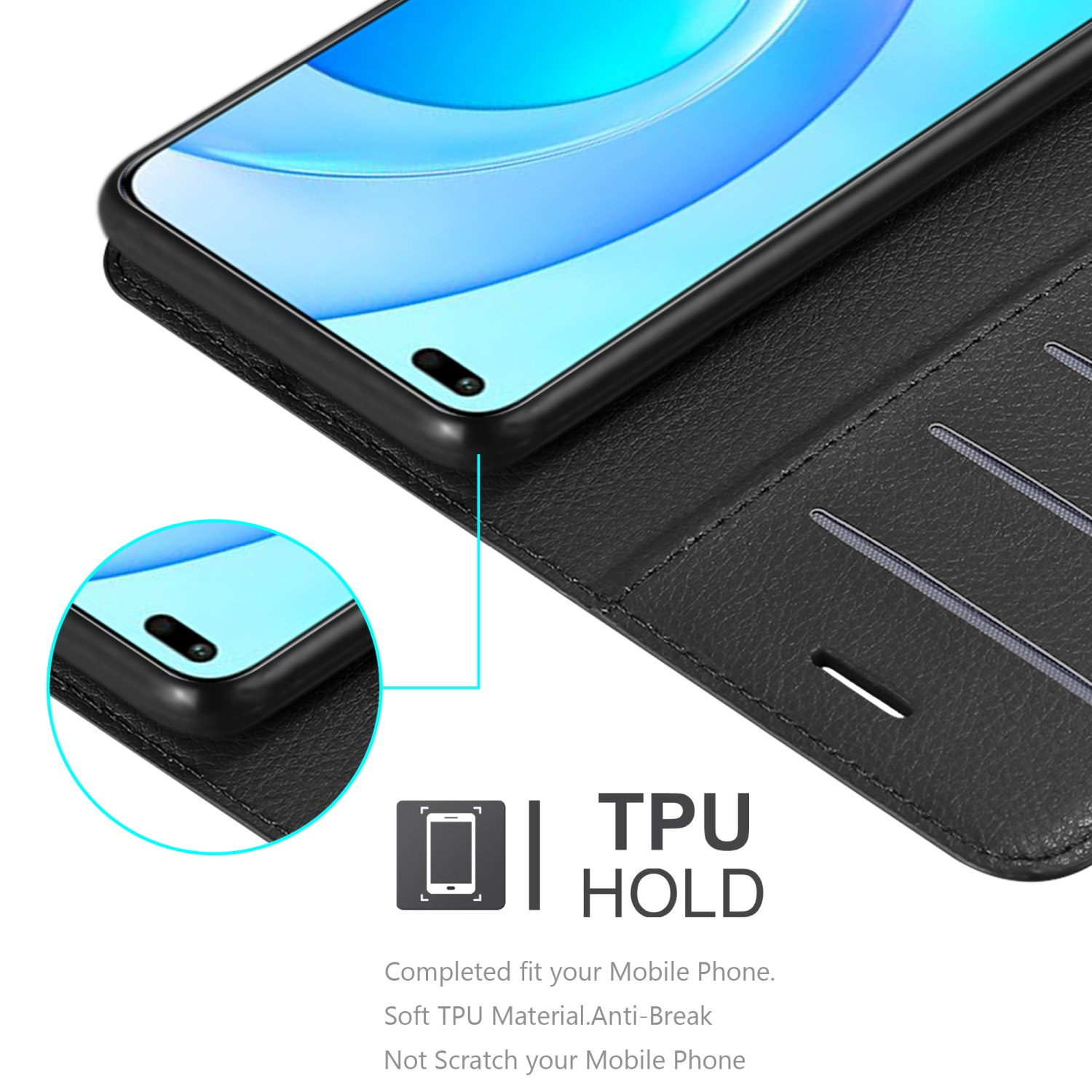 Telefon in Hülle, Details der Hülle zeigen TPU-Halterung.