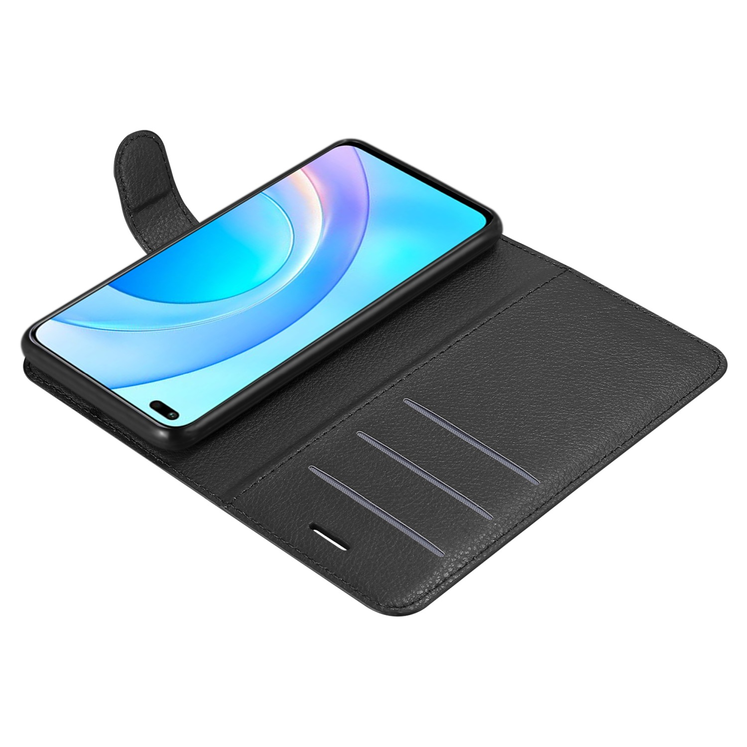 Schwarze Handyhülle offen, Telefon und Kartenfächer zeigend.