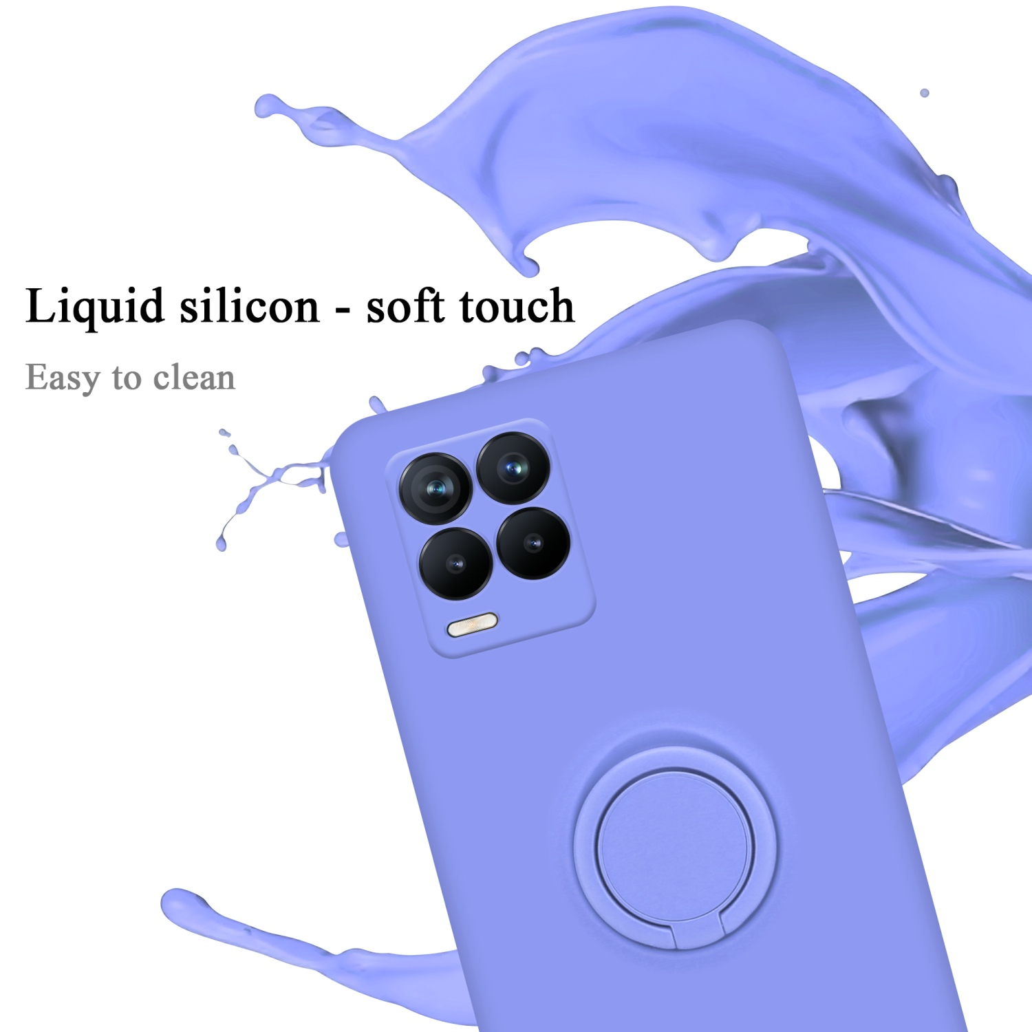 Custodia per telefono viola con telefono, schizzo di liquido. Testo: Silicone liquido - tocco morbido. Facile da pulire.