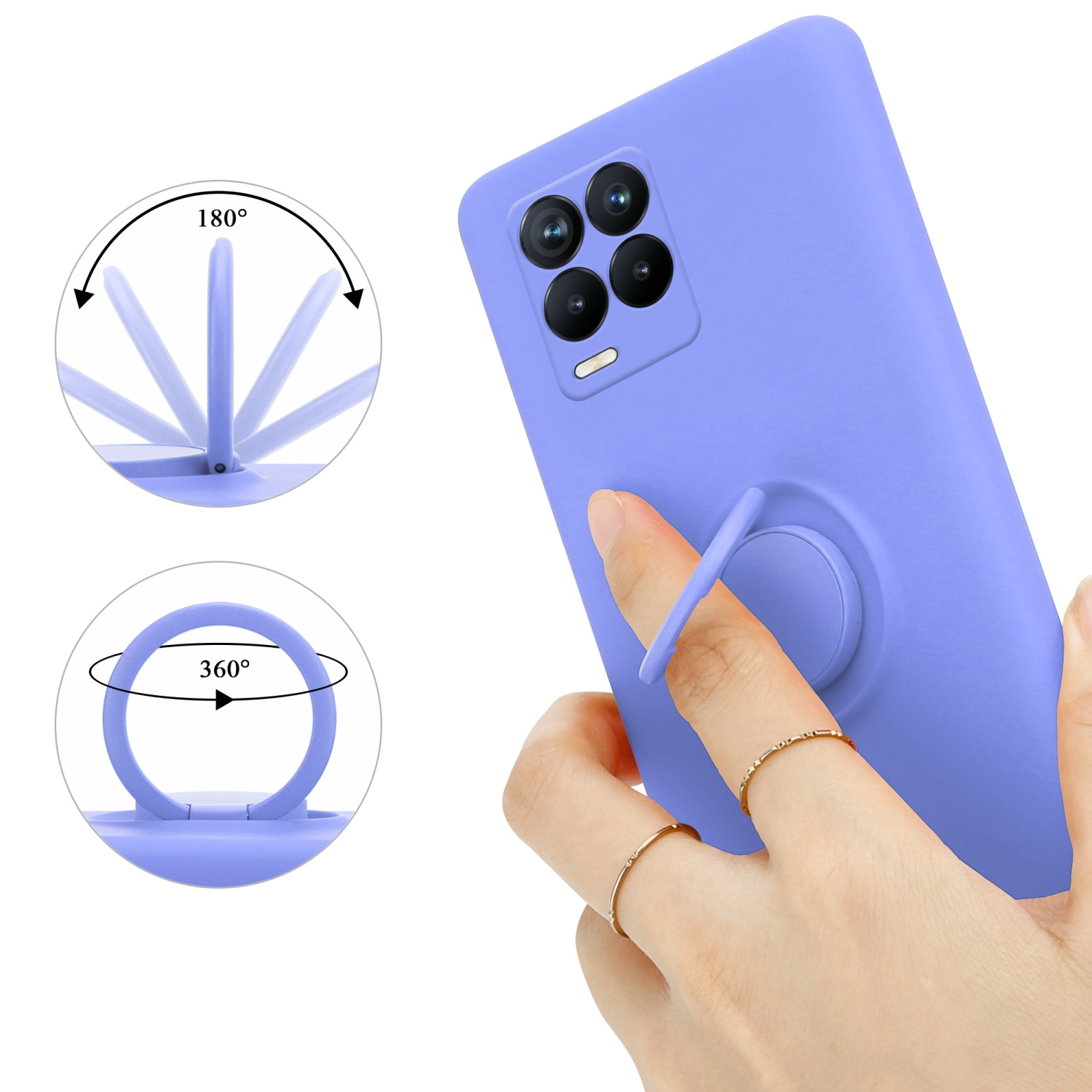Custodia per telefono con supporto ad anello, ruotabile a 180 e 360 gradi. Una mano con un anello lo tiene.