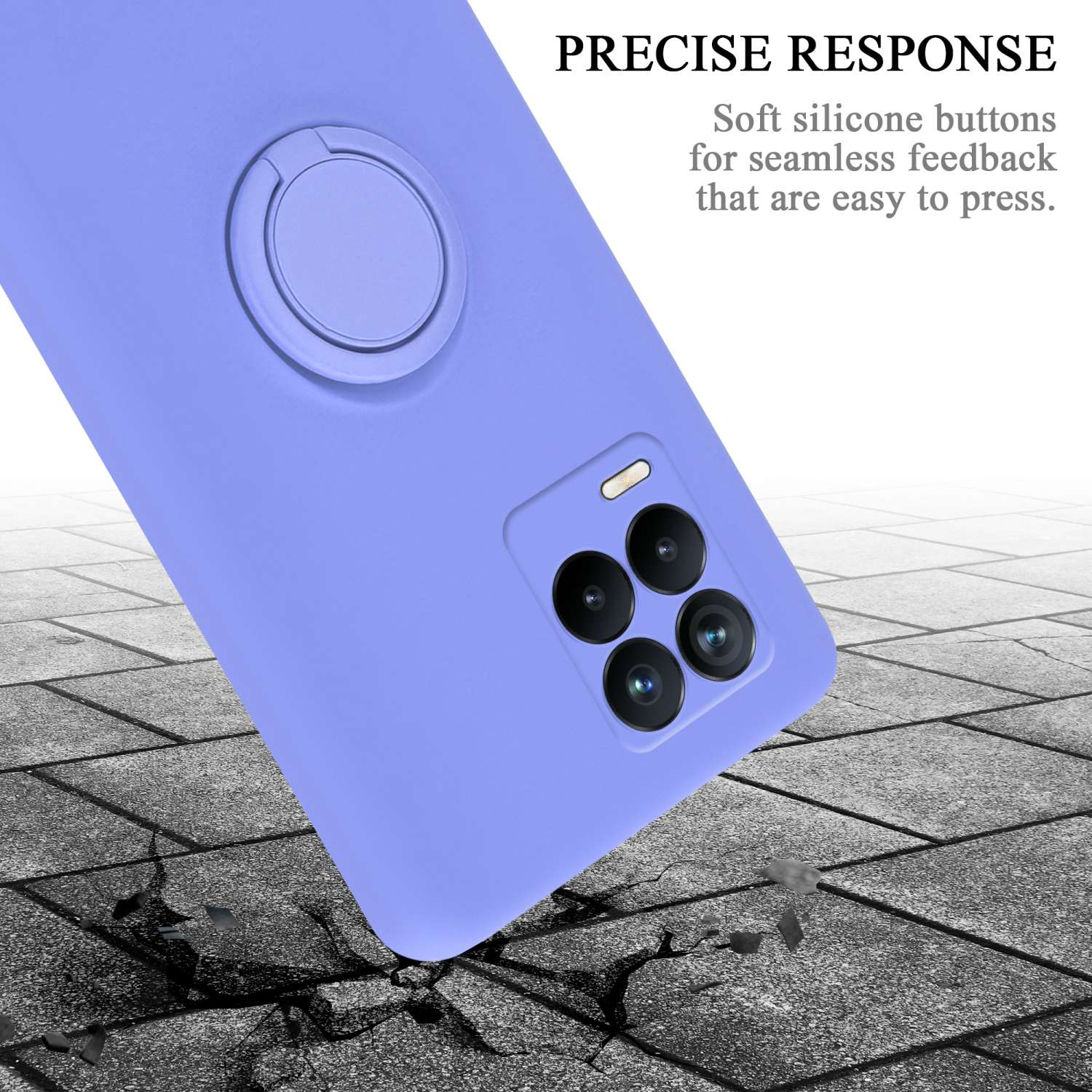 Una custodia per telefono viola chiaro, con un porta anello. La custodia è su un terreno simile a una pietra. Il testo recita Risposta precisa.