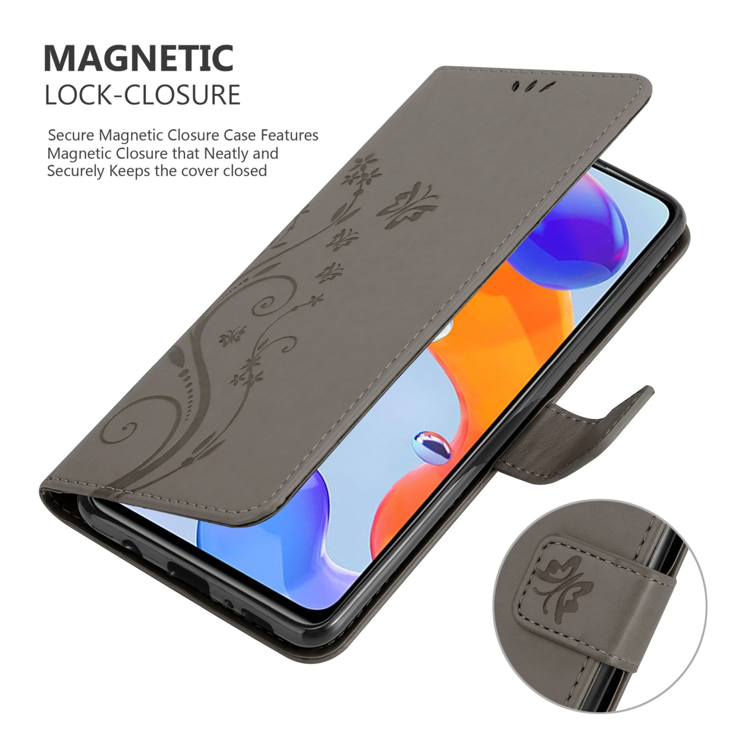 Custodia grigia con design floreale e telefono. Ha una chiusura magnetica.