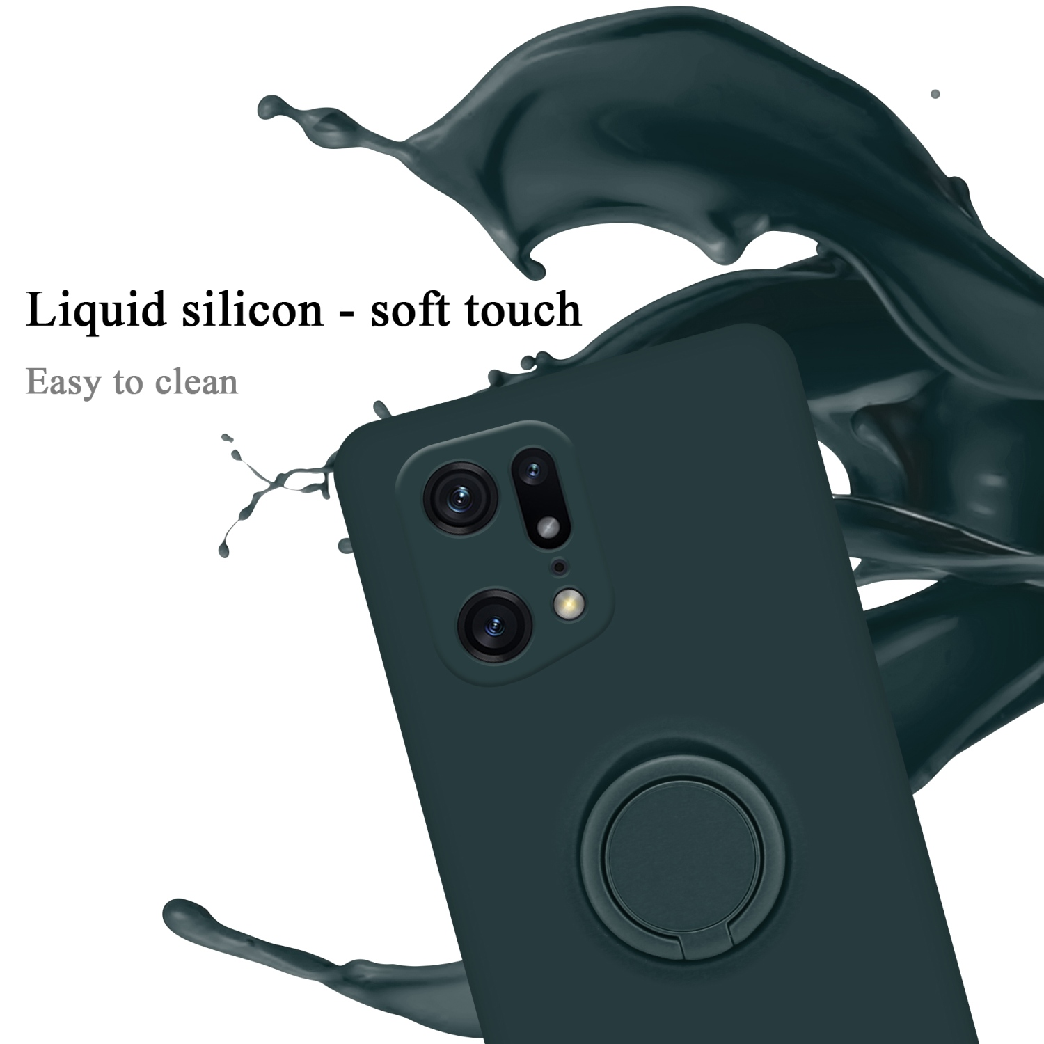 Una custodia per telefono verde scuro con un anello di supporto e schizzi di liquido verde scuro. Il telefono ha fotocamere.