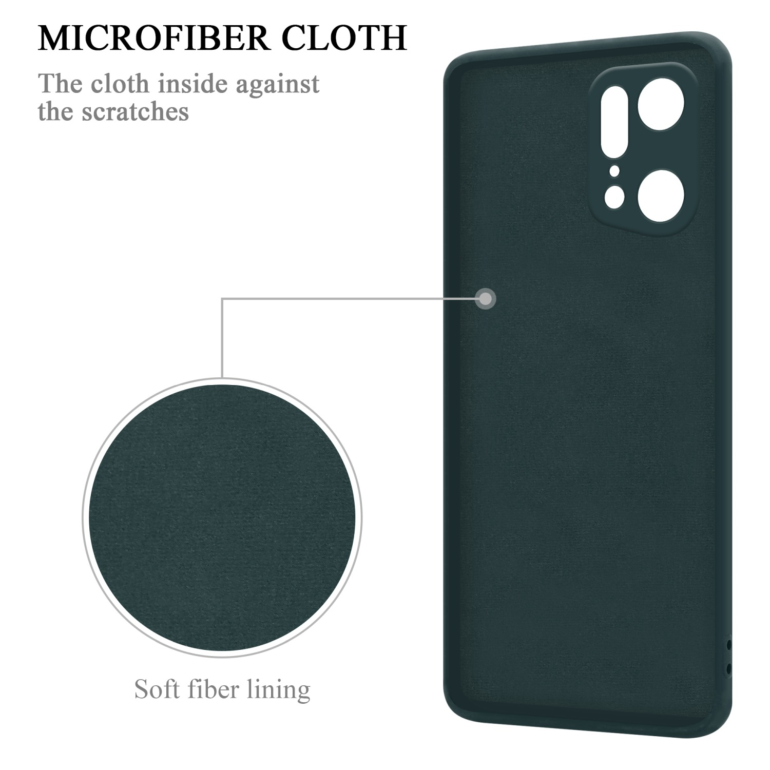 Primo piano dell'interno di una custodia per telefono verde scuro. Il testo mostra 'Panno in microfibra' e 'Fodera in fibra morbida'.