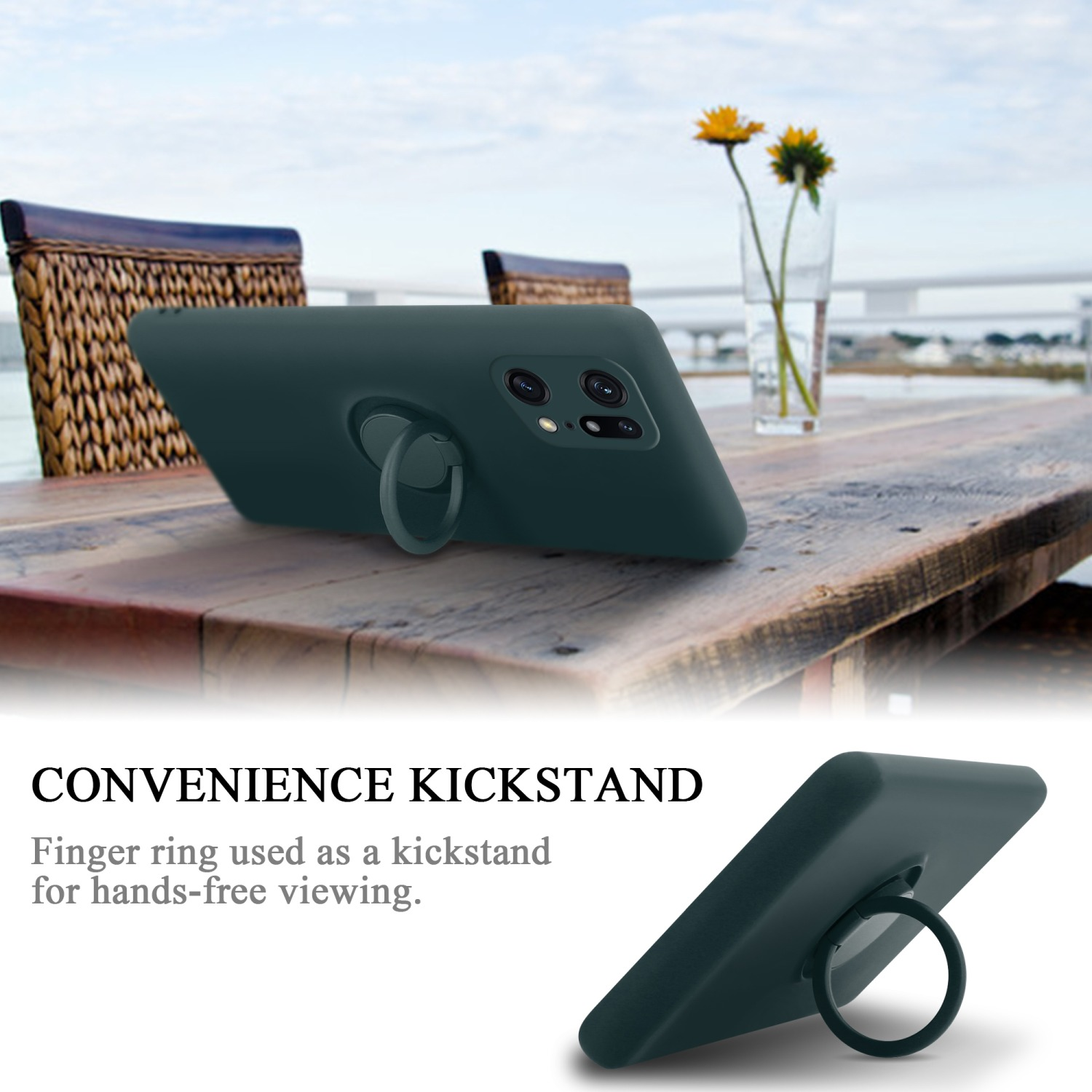 Custodia verde con anello e supporto. Telefono su tavolo legno. Due fiori in vaso. Testo: Convenience Kickstand.