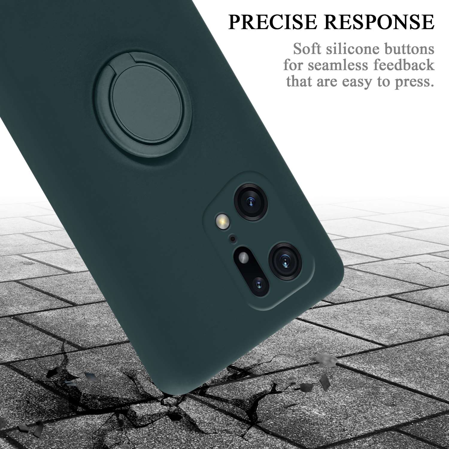 Custodia per telefono verde con supporto ad anello. La custodia è su una superficie di cemento crepata.